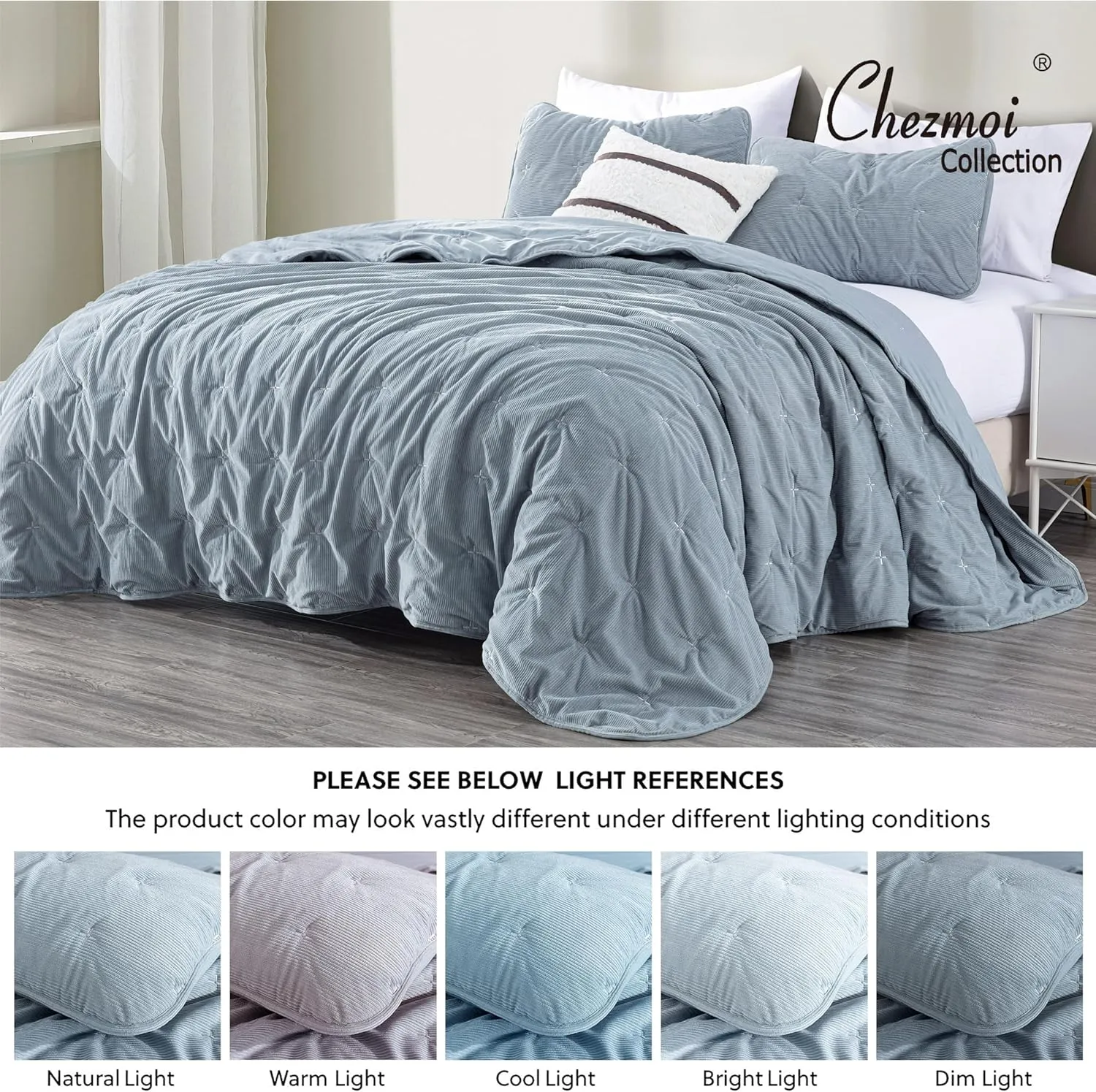 Chezmoi Collection Corduroy King Quilt Set Smoke Blue, 3-Piece Luxury Soft Cross Stitch Polyester Corduory Lightweight Bedspread, 1 Quilt 106 in x 94 in and 2 Pillow Shams 20 in x 36 in