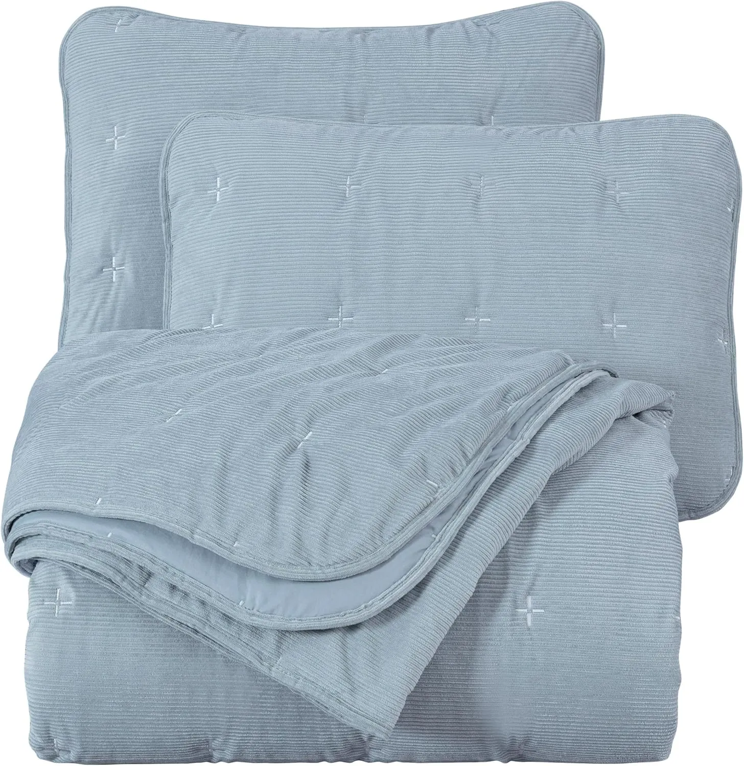 Chezmoi Collection Corduroy King Quilt Set Smoke Blue, 3-Piece Luxury Soft Cross Stitch Polyester Corduory Lightweight Bedspread, 1 Quilt 106 in x 94 in and 2 Pillow Shams 20 in x 36 in