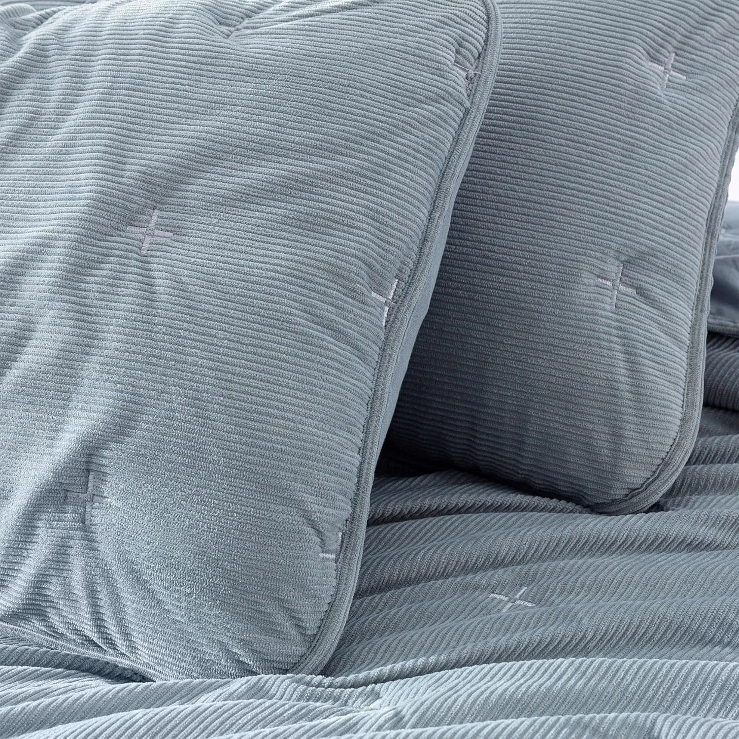 Chezmoi Collection Corduroy King Quilt Set Smoke Blue, 3-Piece Luxury Soft Cross Stitch Polyester Corduory Lightweight Bedspread, 1 Quilt 106 in x 94 in and 2 Pillow Shams 20 in x 36 in