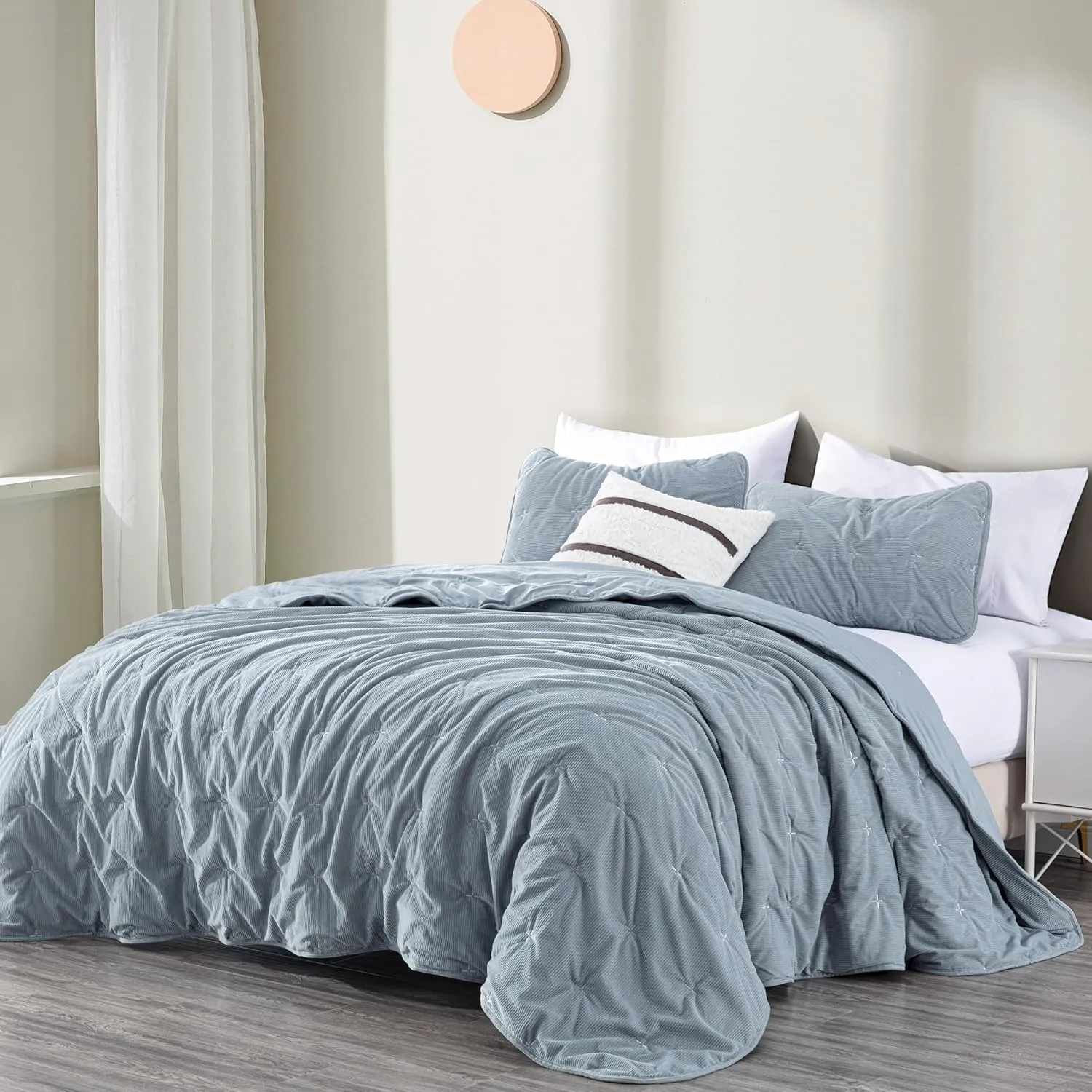 Chezmoi Collection Corduroy King Quilt Set Smoke Blue, 3-Piece Luxury Soft Cross Stitch Polyester Corduory Lightweight Bedspread, 1 Quilt 106 in x 94 in and 2 Pillow Shams 20 in x 36 in