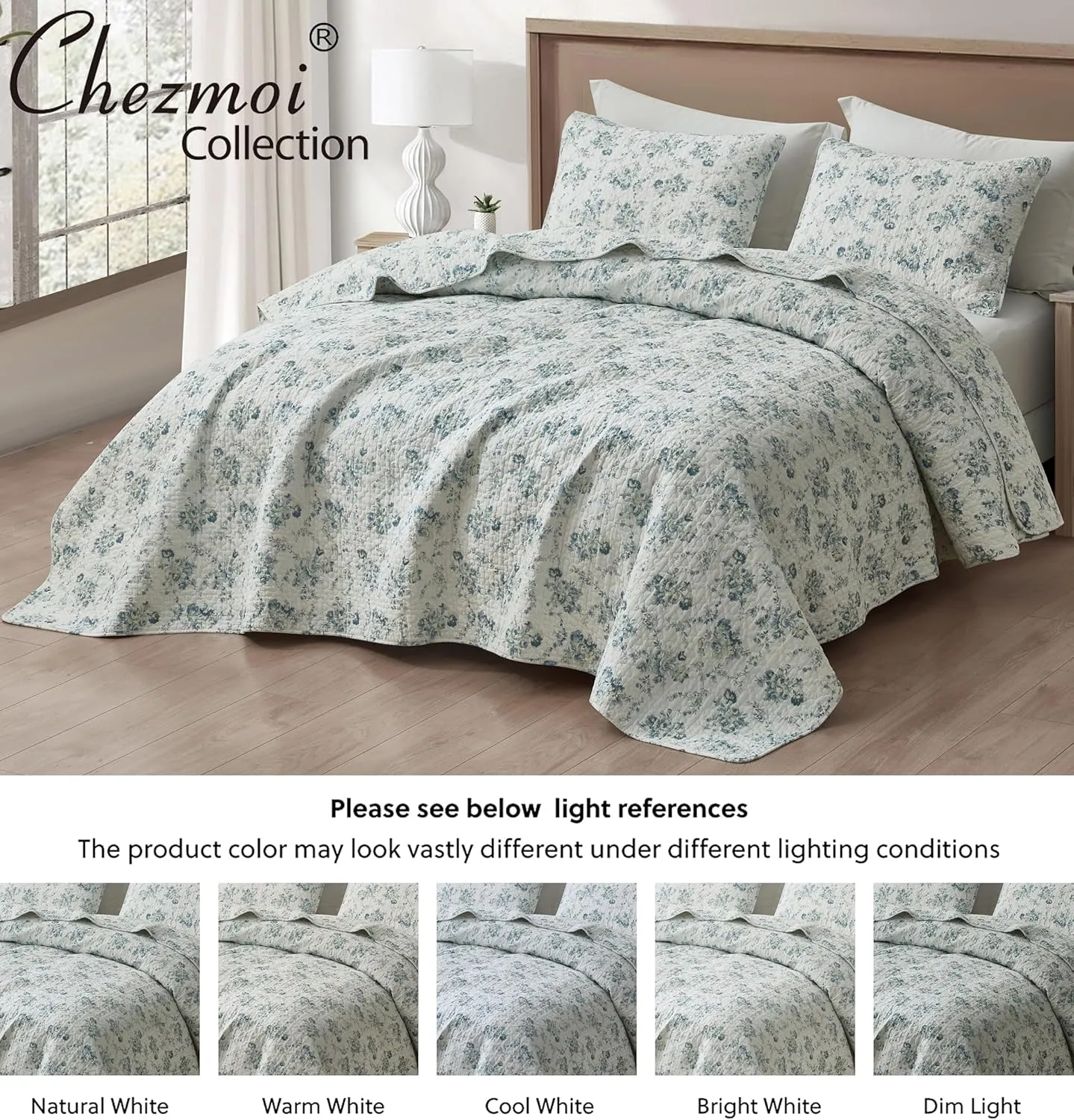 Chezmoi Collection Gigi 3-Piece Printed Floral Cotton Quilt Set Queen Size - Elegant Blue Ivory White Floral Flower - Stone Washed Cotton Breathable Lightweight Bedspread Set