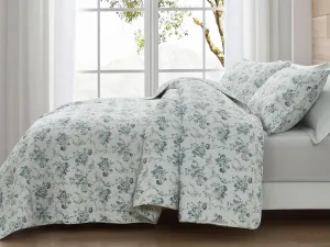 Chezmoi Collection Gigi 3-Piece Printed Floral Cotton Quilt Set Queen Size - Elegant Blue Ivory White Floral Flower - Stone Washed Cotton Breathable Lightweight Bedspread Set