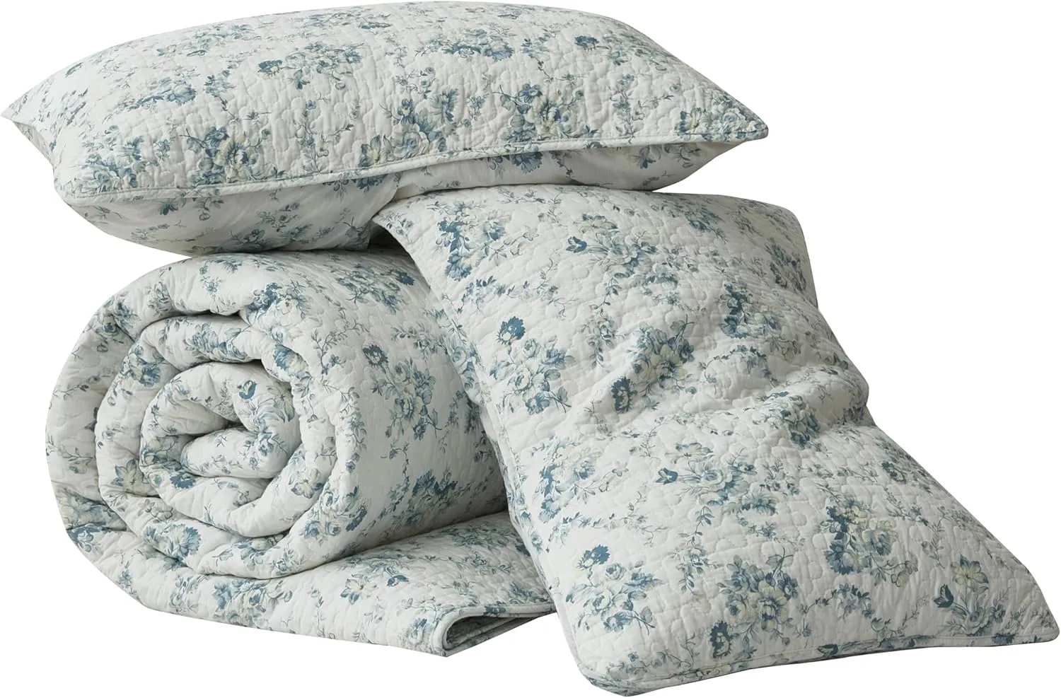 Chezmoi Collection Gigi 3-Piece Printed Floral Cotton Quilt Set Queen Size - Elegant Blue Ivory White Floral Flower - Stone Washed Cotton Breathable Lightweight Bedspread Set