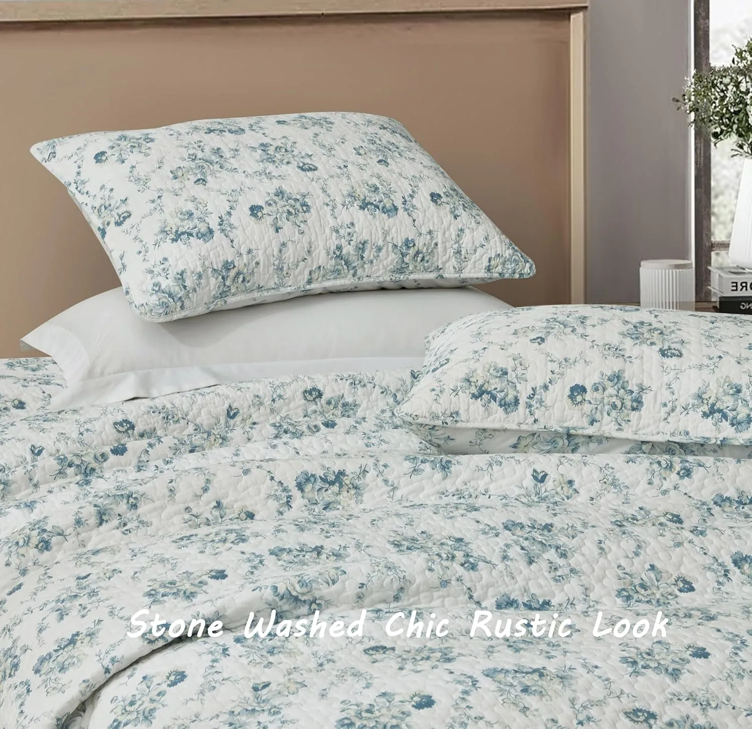 Chezmoi Collection Gigi 3-Piece Printed Floral Cotton Quilt Set Queen Size - Elegant Blue Ivory White Floral Flower - Stone Washed Cotton Breathable Lightweight Bedspread Set