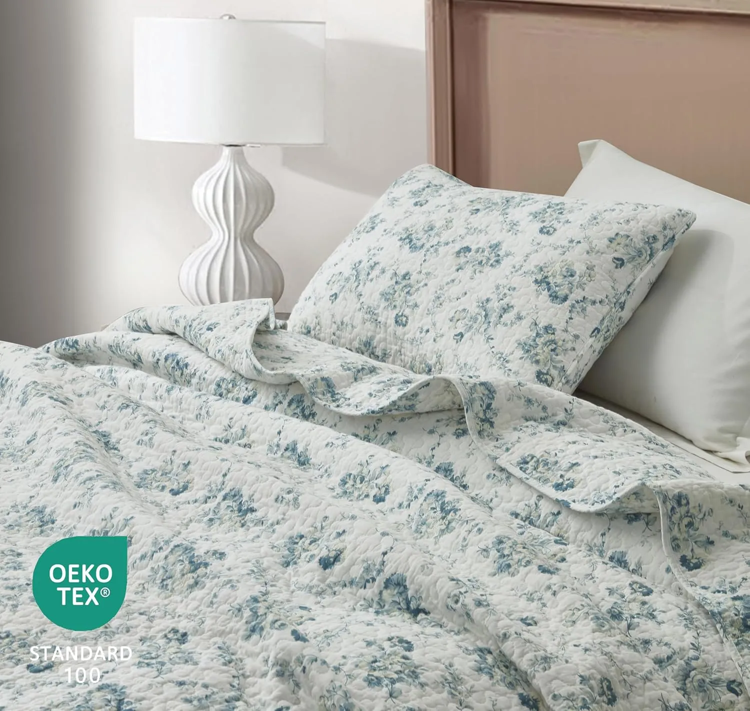 Chezmoi Collection Gigi 3-Piece Printed Floral Cotton Quilt Set Queen Size - Elegant Blue Ivory White Floral Flower - Stone Washed Cotton Breathable Lightweight Bedspread Set