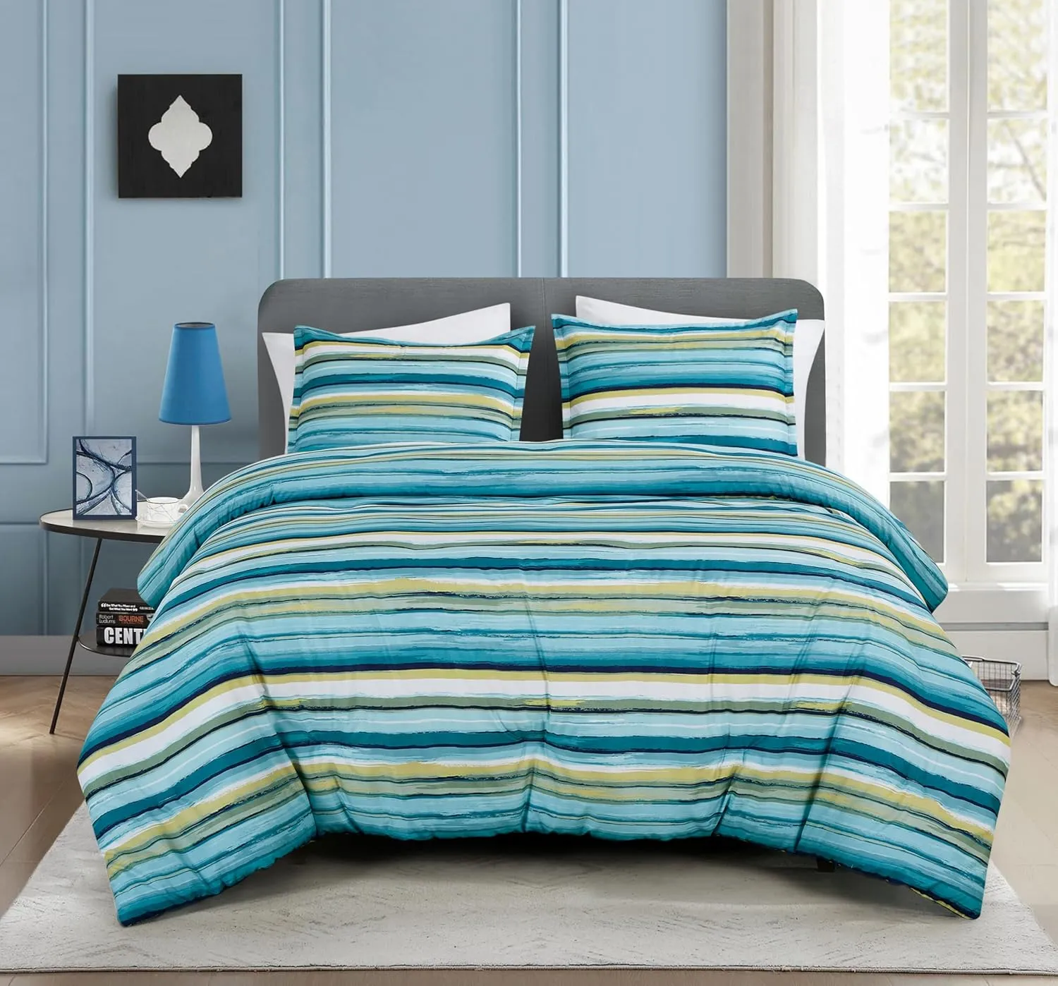 Chezmoi Collection Morgan 3-Piece Striped Comforter Set Queen Size - Green Blue White Striped Printed Microfiber Bedding Lightweight Breathable Blanket for All Season