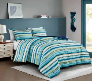 Chezmoi Collection Morgan 3-Piece Striped Comforter Set Queen Size - Green Blue White Striped Printed Microfiber Bedding Lightweight Breathable Blanket for All Season