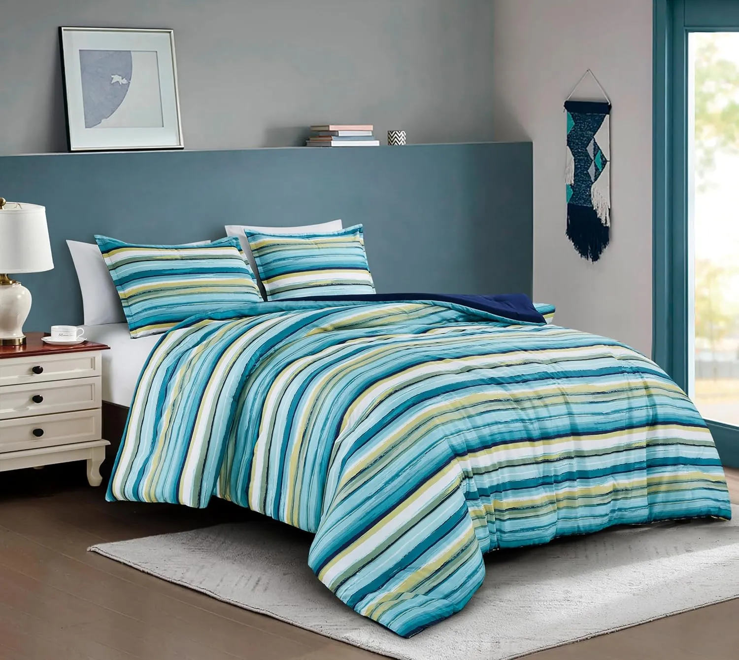 Chezmoi Collection Morgan 3-Piece Striped Comforter Set Queen Size - Green Blue White Striped Printed Microfiber Bedding Lightweight Breathable Blanket for All Season