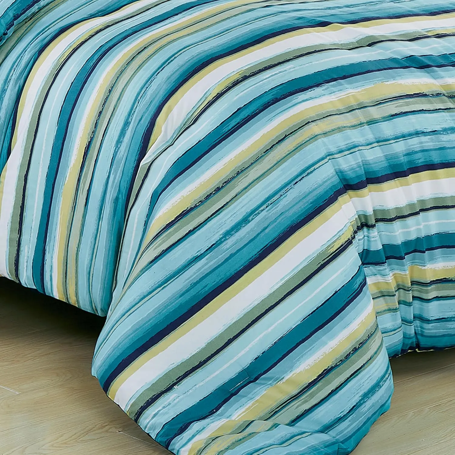 Chezmoi Collection Morgan 3-Piece Striped Comforter Set Queen Size - Green Blue White Striped Printed Microfiber Bedding Lightweight Breathable Blanket for All Season