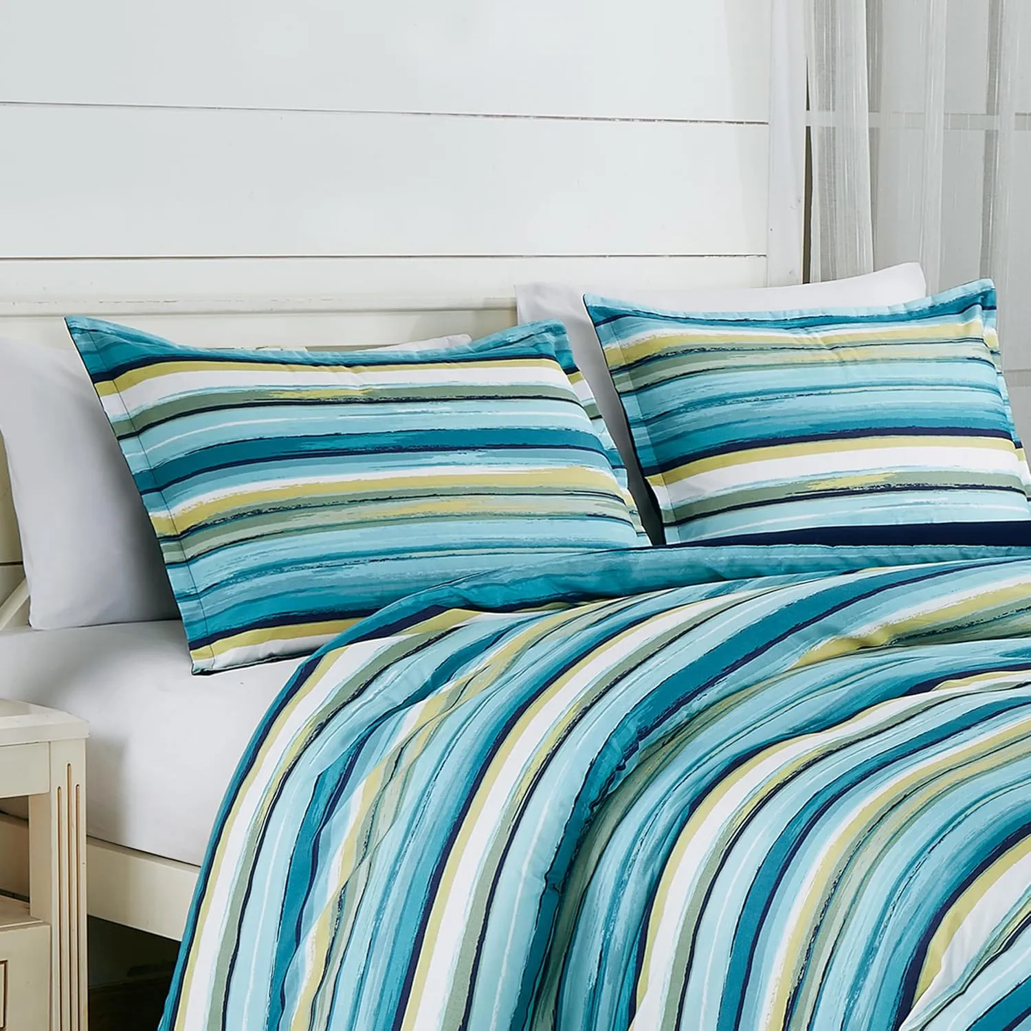 Chezmoi Collection Morgan 3-Piece Striped Comforter Set Queen Size - Green Blue White Striped Printed Microfiber Bedding Lightweight Breathable Blanket for All Season