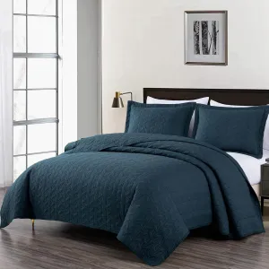Chezmoi Collection Roswell 3-Piece 100% Cotton Quilt Set King Size, Dark Blue - Geometric Striped Quilted Lightweight Vintage Washed Cotton Reversible Bedspread Set for All Season