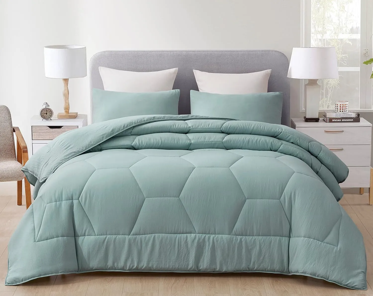 Chezmoi Collection Vero 2-Piece Honeycomb Quilted Microfiber Comforter Set - Soft Washed Lightweight Geometric Hexagon Bedding, Twin, Aqua