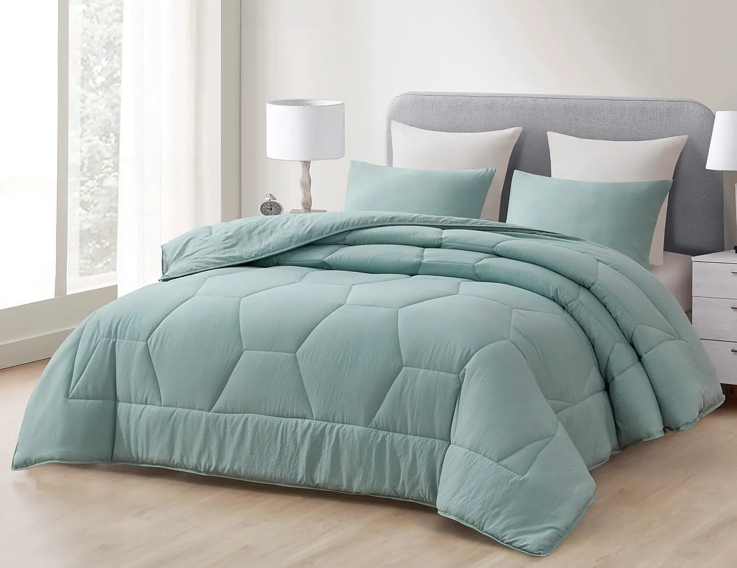Chezmoi Collection Vero 2-Piece Honeycomb Quilted Microfiber Comforter Set - Soft Washed Lightweight Geometric Hexagon Bedding, Twin, Aqua