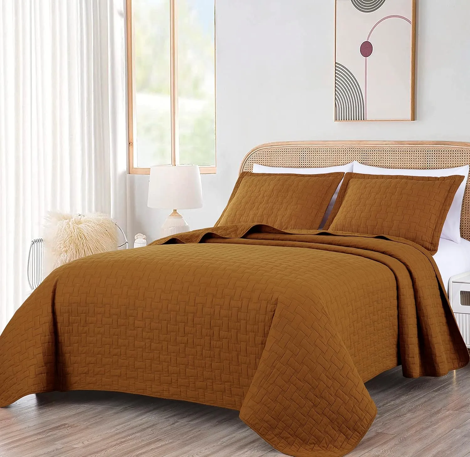 Chezmoi Collection Vert 3-Piece 100% Cotton Quilt Set King Size, Spice - Basketweave Quilted Lightweight Pre-Washed Soft-Finished Cotton Bedspread for All Season