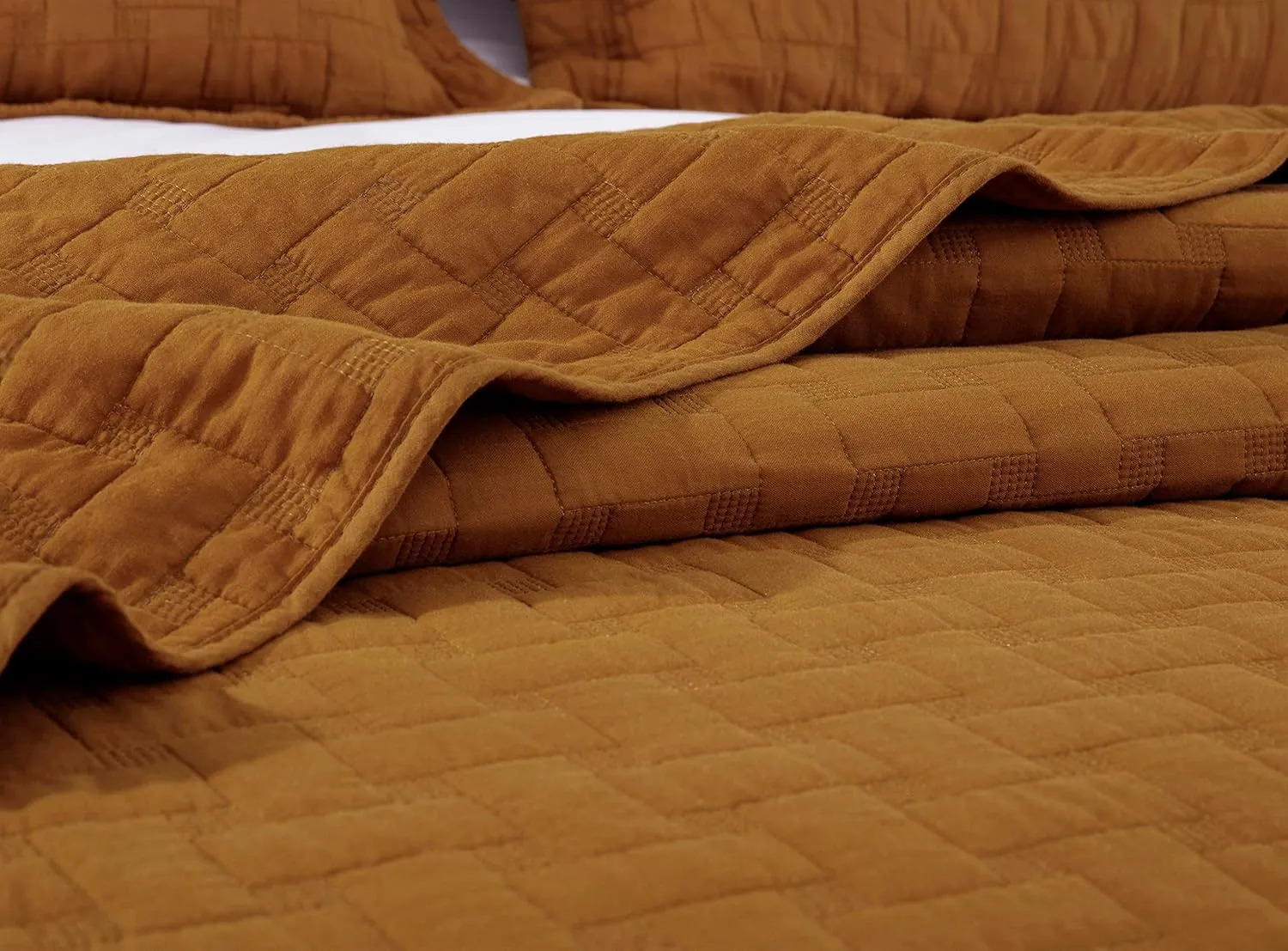 Chezmoi Collection Vert 3-Piece 100% Cotton Quilt Set King Size, Spice - Basketweave Quilted Lightweight Pre-Washed Soft-Finished Cotton Bedspread for All Season