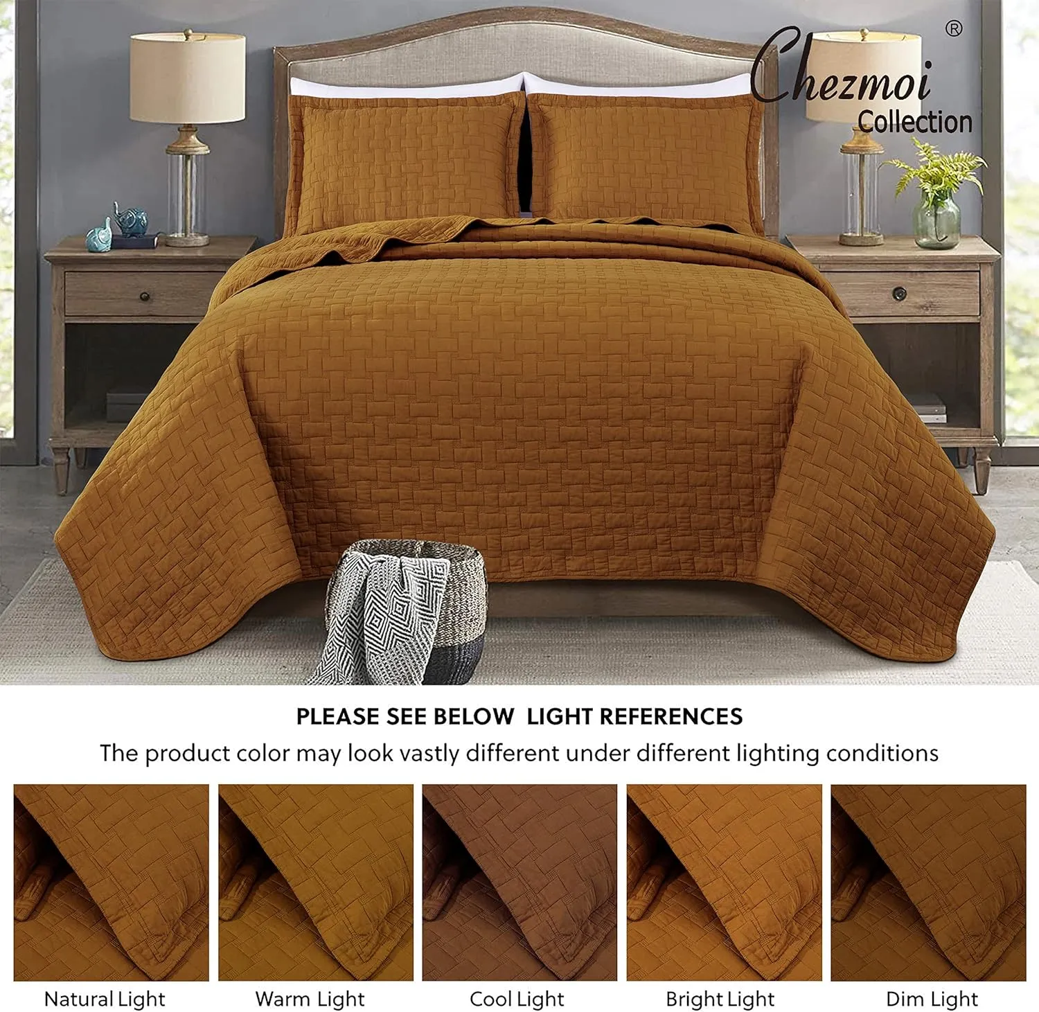 Chezmoi Collection Vert 3-Piece 100% Cotton Quilt Set King Size, Spice - Basketweave Quilted Lightweight Pre-Washed Soft-Finished Cotton Bedspread for All Season