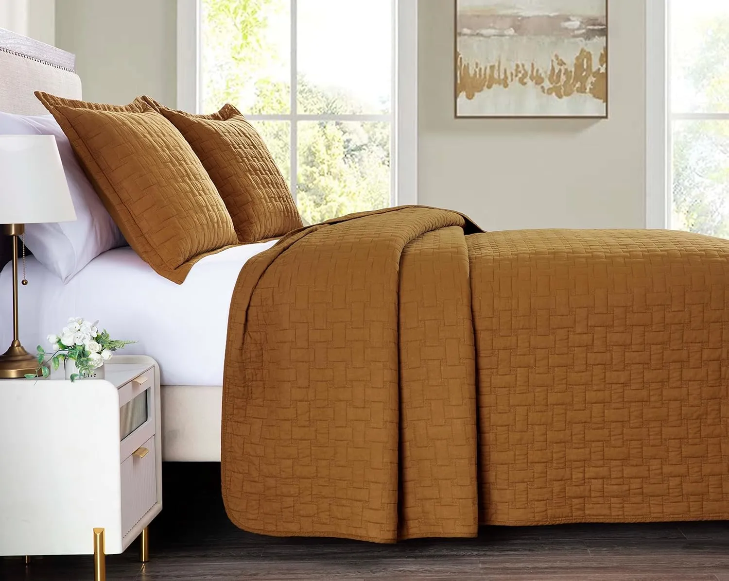 Chezmoi Collection Vert 3-Piece 100% Cotton Quilt Set King Size, Spice - Basketweave Quilted Lightweight Pre-Washed Soft-Finished Cotton Bedspread for All Season