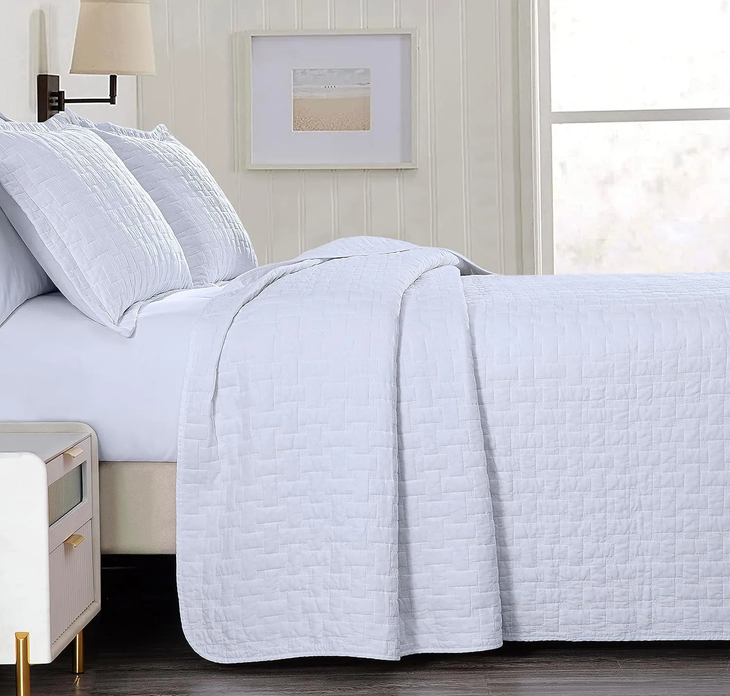 Chezmoi Collection Vert 3-Piece 100% Cotton Quilt Set King Size, White - Basketweave Quilted Lightweight Pre-Washed Soft-Finished Cotton Bedspread for All Season