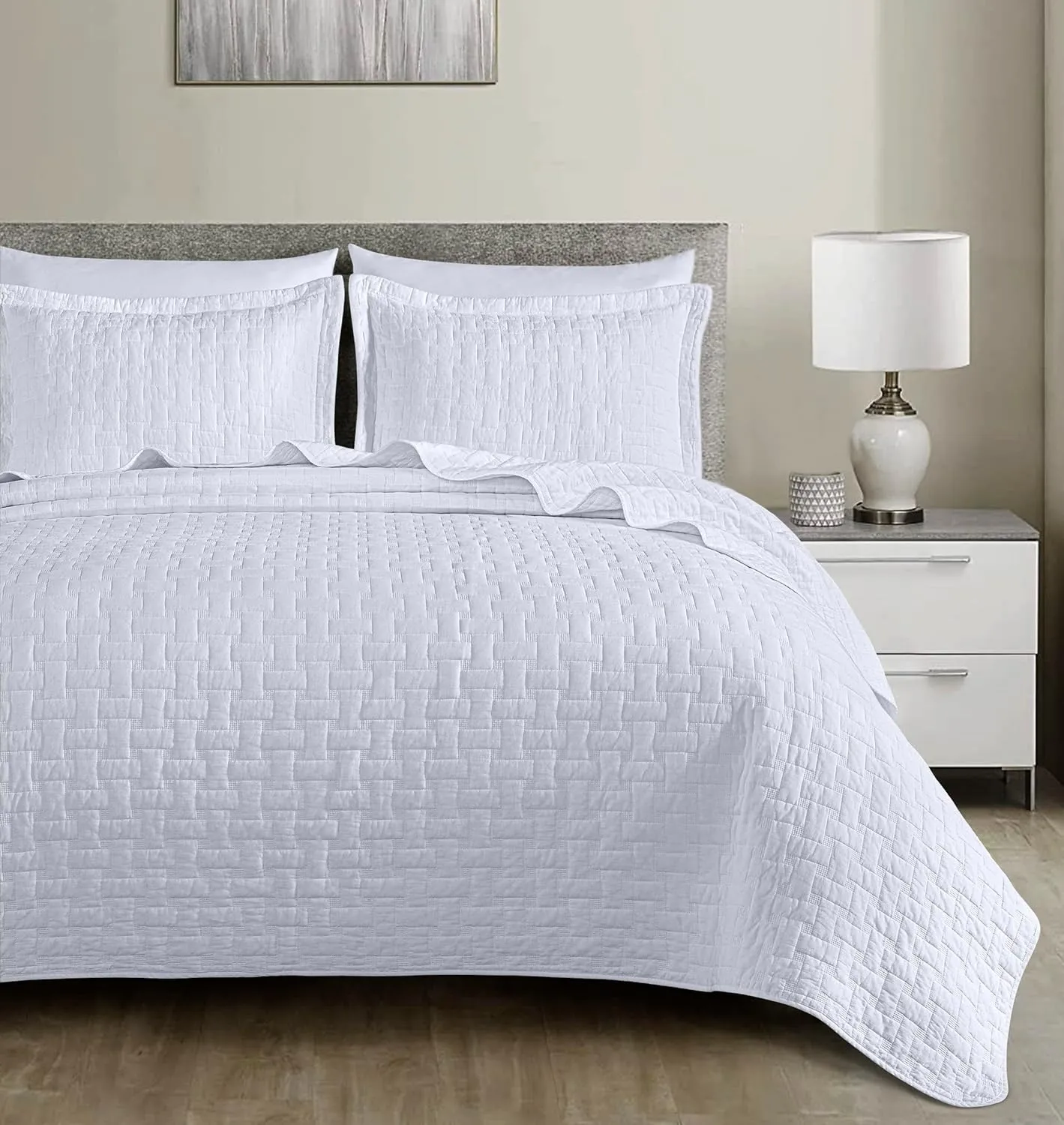 Chezmoi Collection Vert 3-Piece 100% Cotton Quilt Set King Size, White - Basketweave Quilted Lightweight Pre-Washed Soft-Finished Cotton Bedspread for All Season