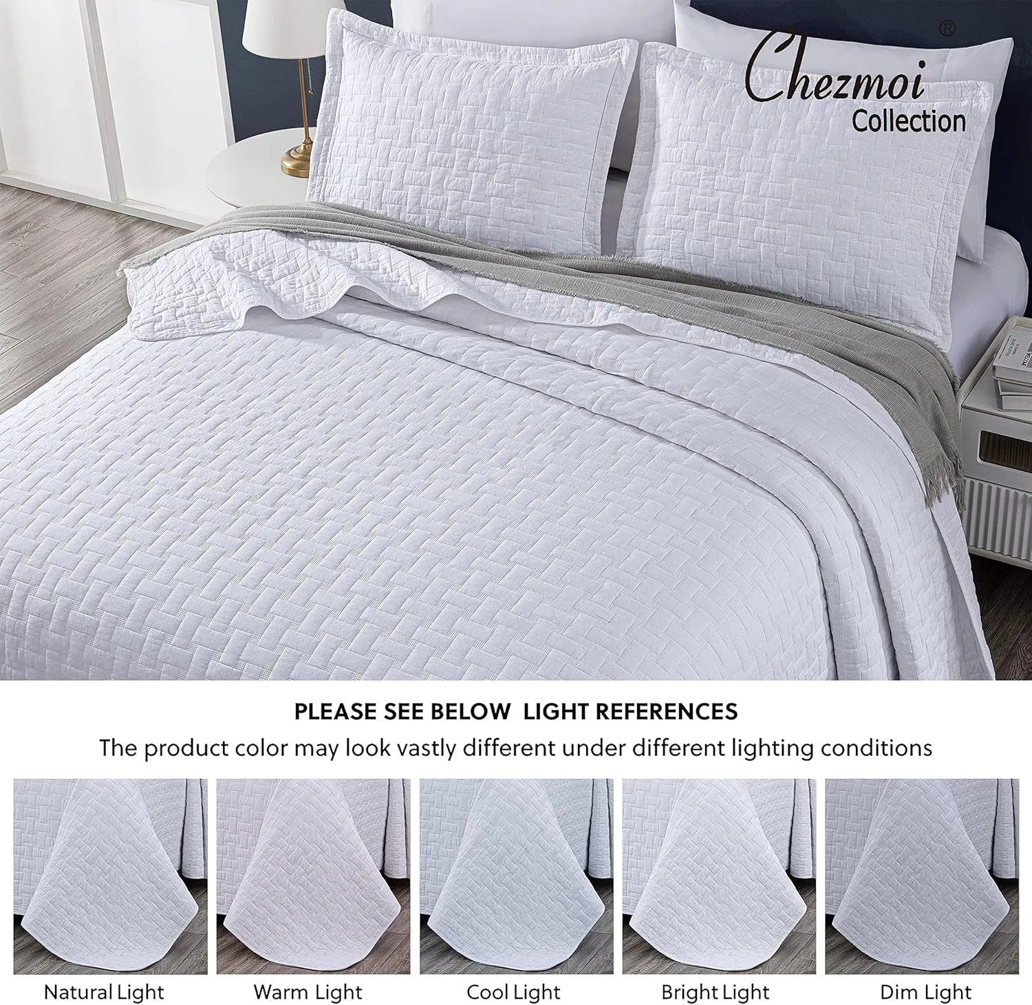 Chezmoi Collection Vert 3-Piece 100% Cotton Quilt Set King Size, White - Basketweave Quilted Lightweight Pre-Washed Soft-Finished Cotton Bedspread for All Season