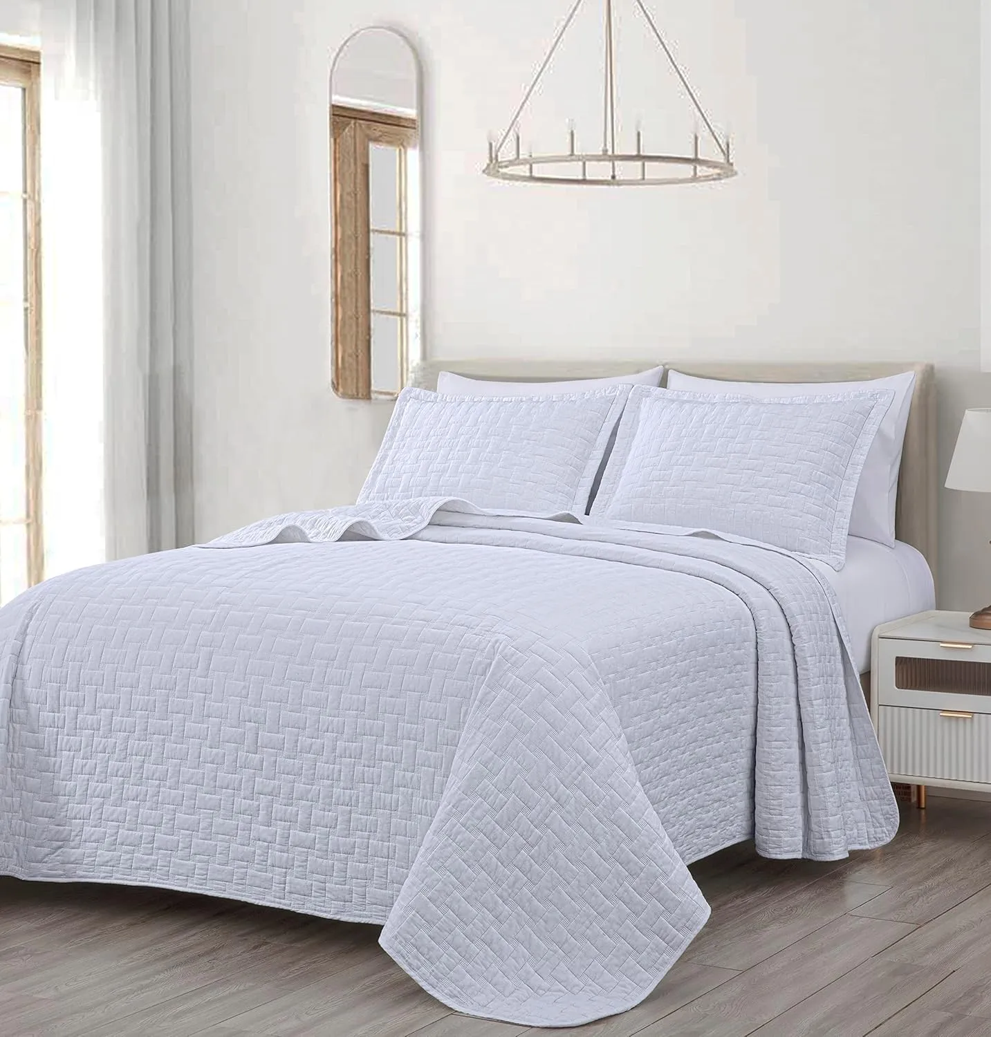 Chezmoi Collection Vert 3-Piece 100% Cotton Quilt Set King Size, White - Basketweave Quilted Lightweight Pre-Washed Soft-Finished Cotton Bedspread for All Season