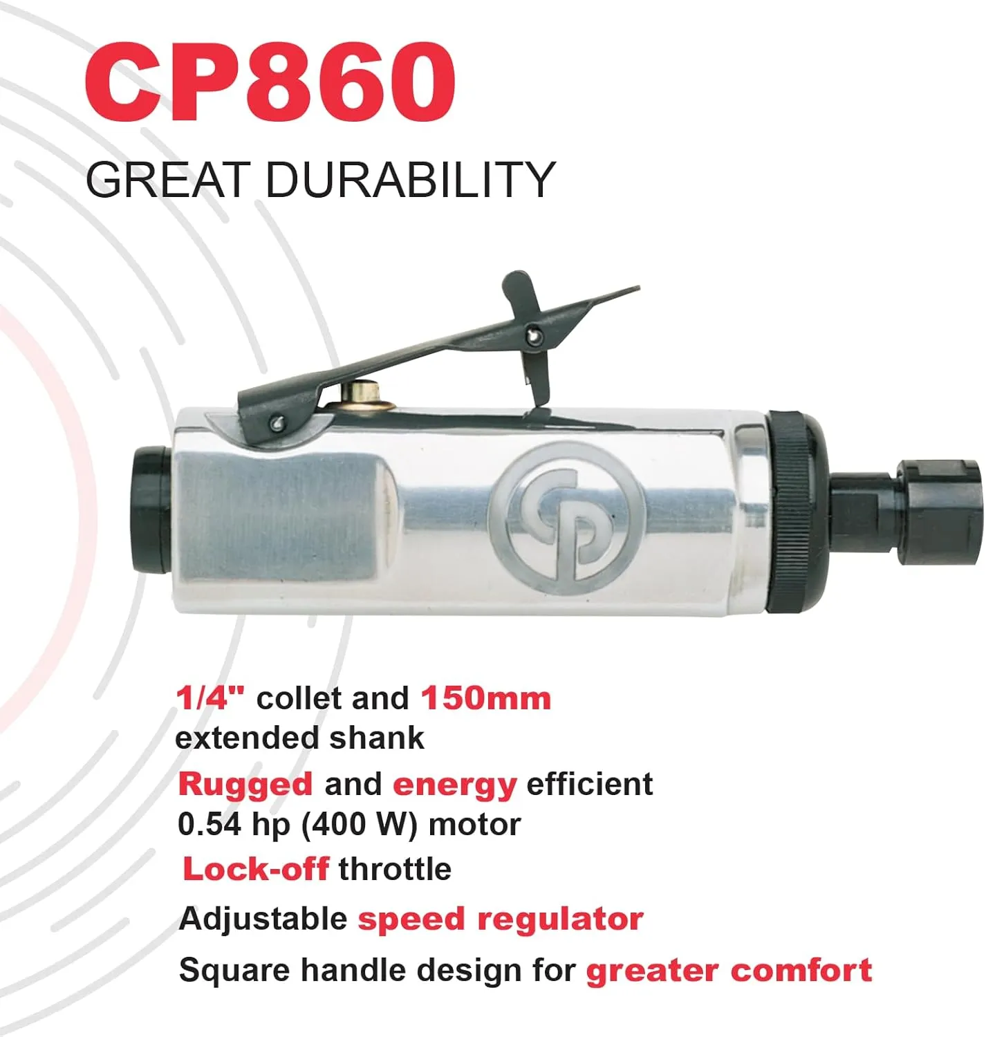 Chicago Pneumatic CP860 - Air Die Grinder Tool, Welder, Woodworking, Automotive Car Detailing, Stainless Steel Polisher, Heavy Duty, Straight, 1/4 Inch (6 mm), 0.54 HP / 400 W - 24000 RPM