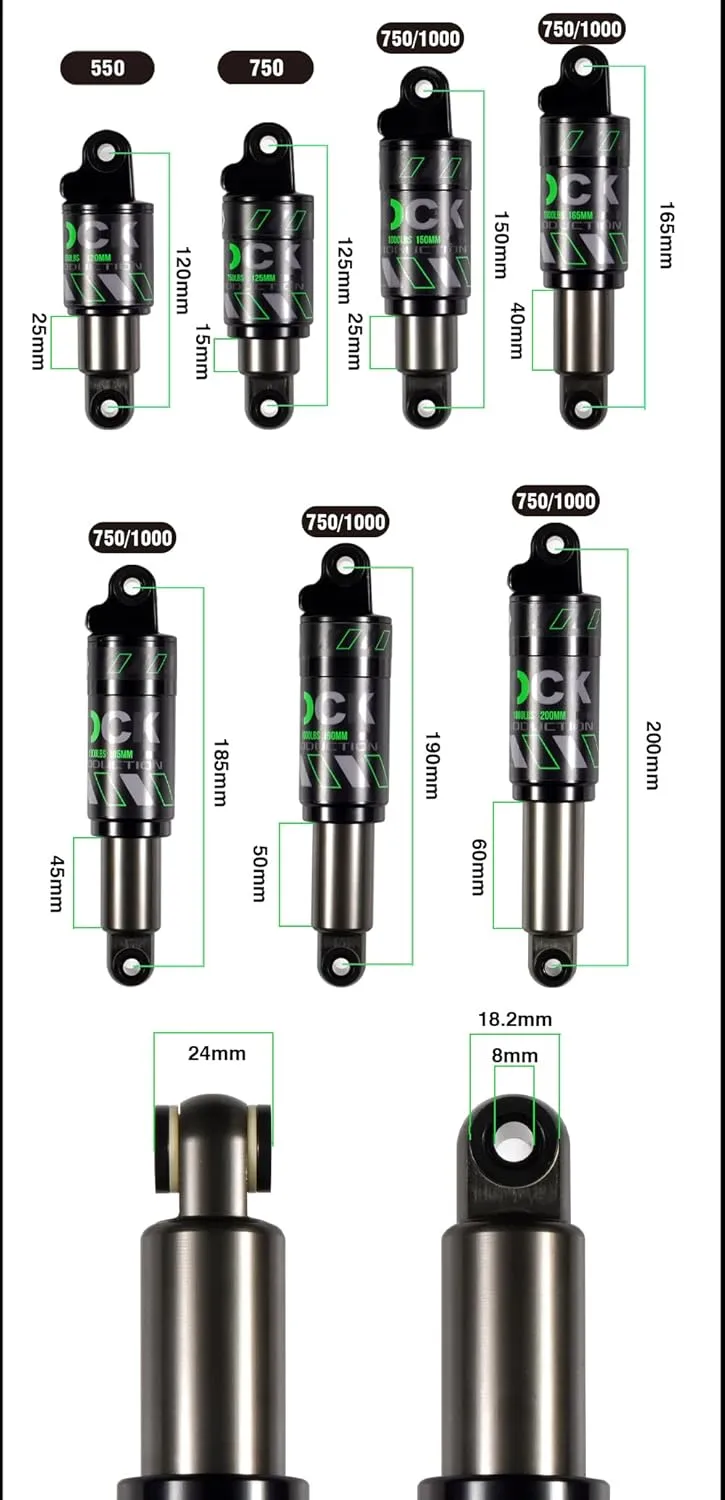 Chooee Mountain Bike Rear Shock absorber 120mm/125mm/150mm/165mm/185mm/190mm/200mm Bicycle Rear Suspension Shock Absorber 125mmx750lbs