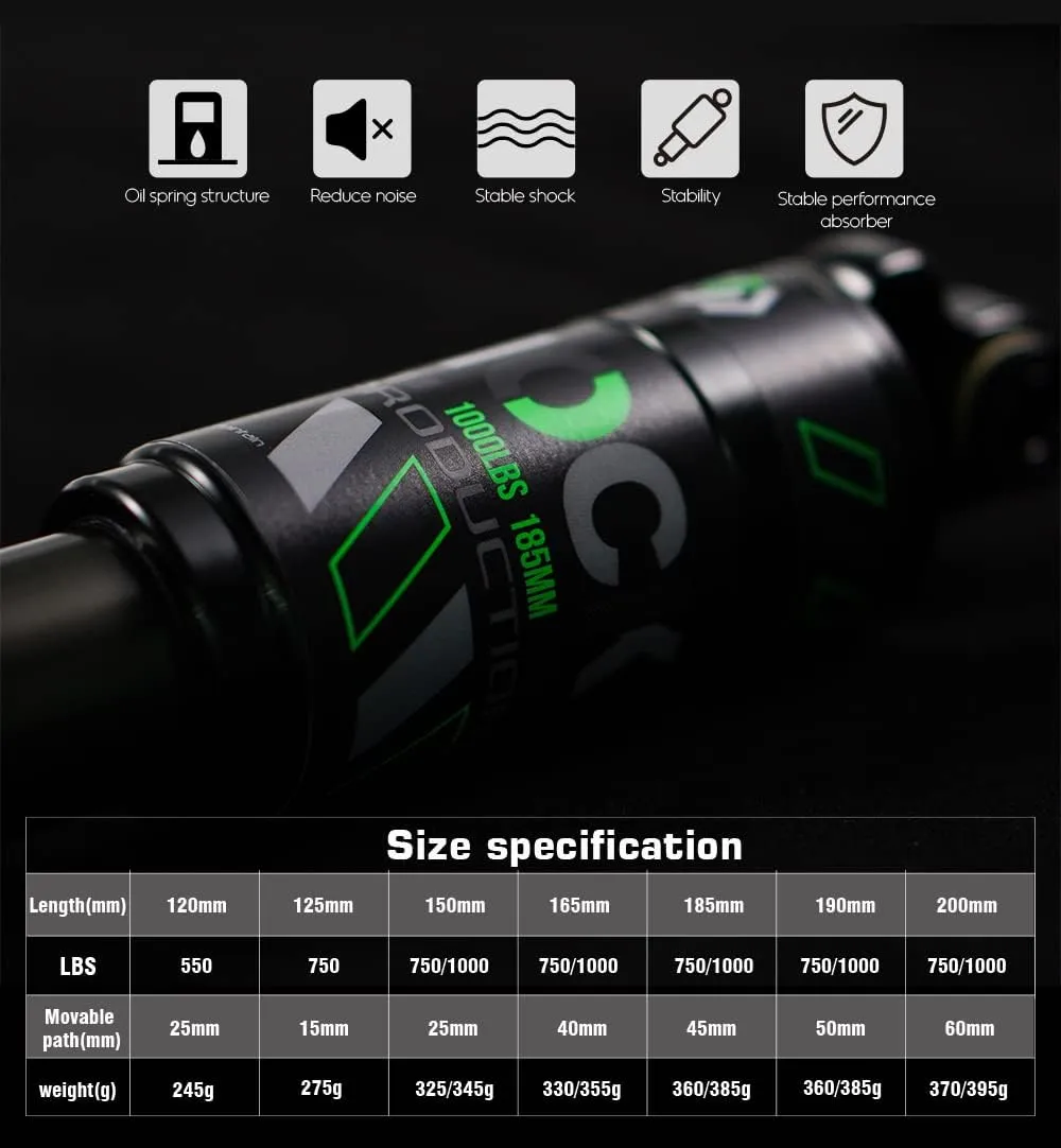 Chooee Mountain Bike Rear Shock absorber 120mm/125mm/150mm/165mm/185mm/190mm/200mm Bicycle Rear Suspension Shock Absorber 125mmx750lbs