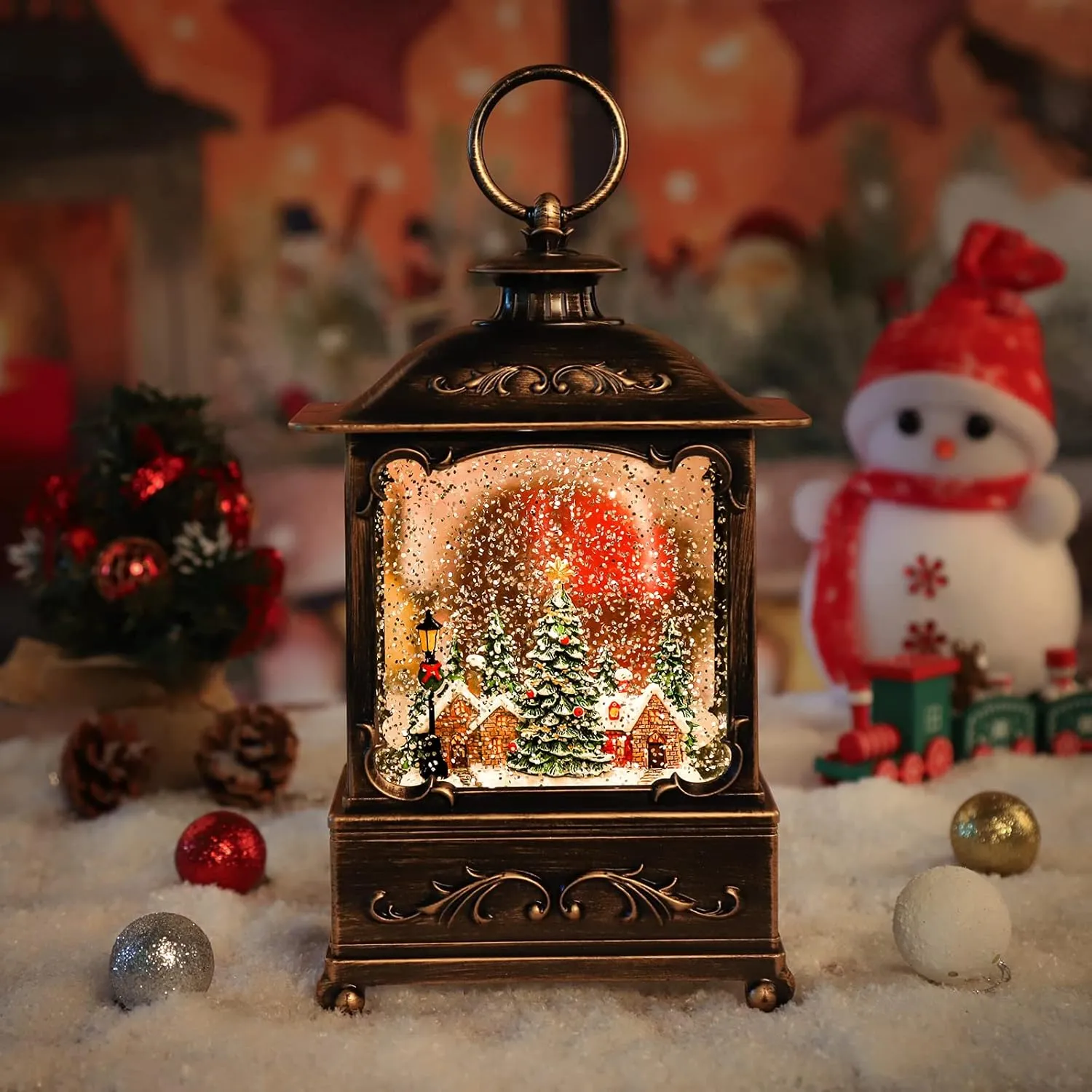 Christmas Lantern, Lit Christmas Snow Globe Lantern-with USB  Music Christmas Water Lantern Snow Globe Portable Creative Cute Christmas Decorations and Charming Gifts (Forest House)