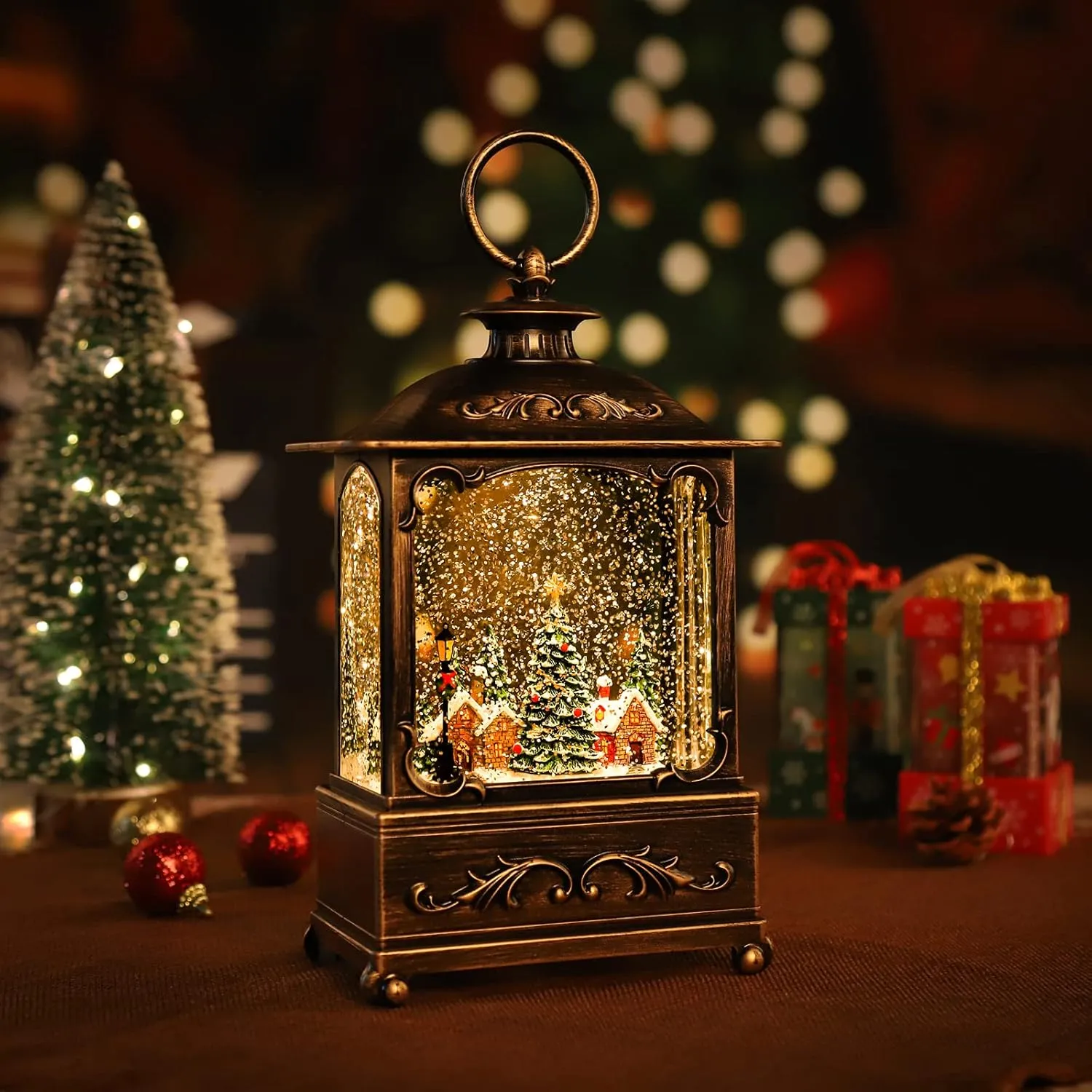 Christmas Lantern, Lit Christmas Snow Globe Lantern-with USB  Music Christmas Water Lantern Snow Globe Portable Creative Cute Christmas Decorations and Charming Gifts (Forest House)
