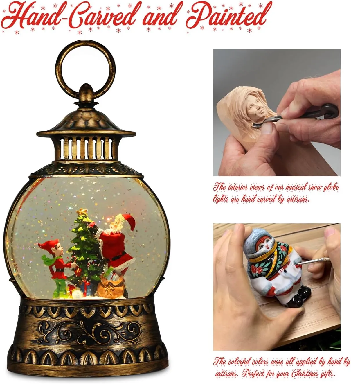 Christmas Santa Snow Globe, Christmas Musical Snow Globe Lantern Lights with 6H Timer Battery & USB Powered, Retro Style Holiday Glitter Globe for Xmas Home Decoration Holiday Party Gifts