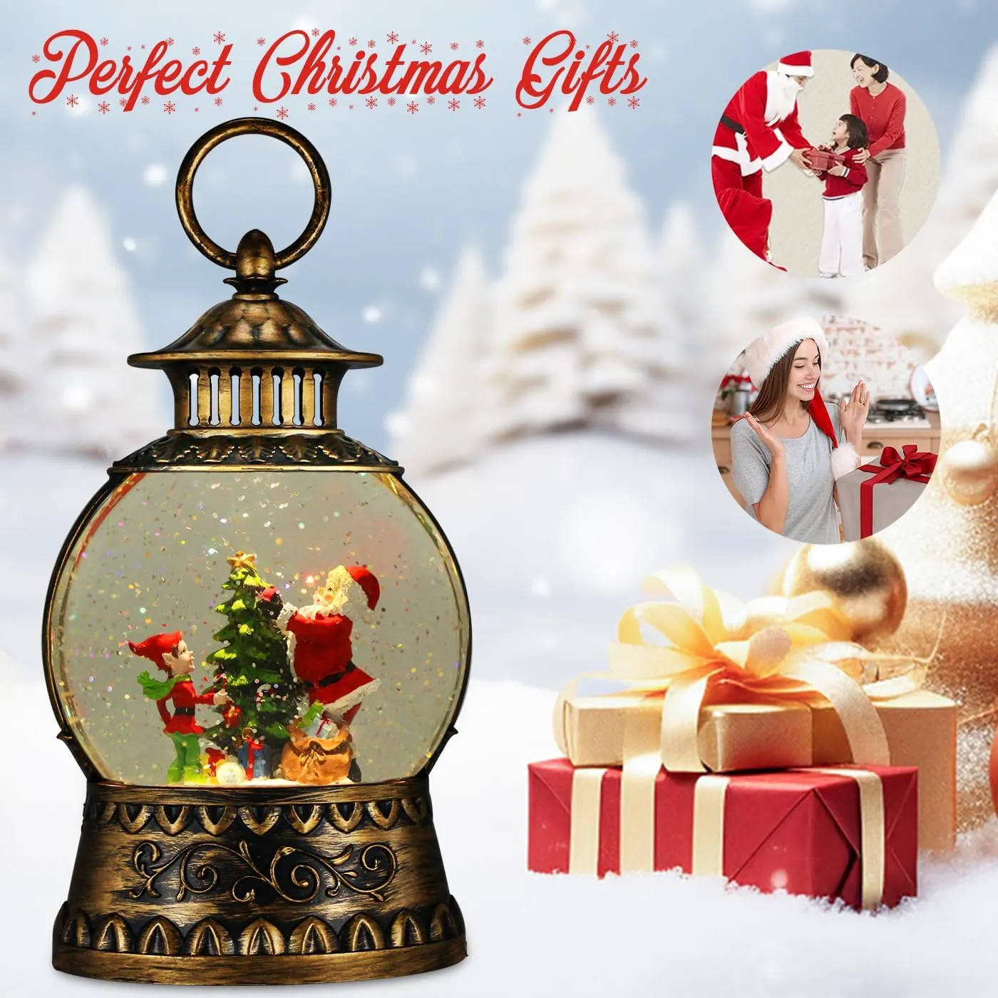 Christmas Santa Snow Globe, Christmas Musical Snow Globe Lantern Lights with 6H Timer Battery & USB Powered, Retro Style Holiday Glitter Globe for Xmas Home Decoration Holiday Party Gifts