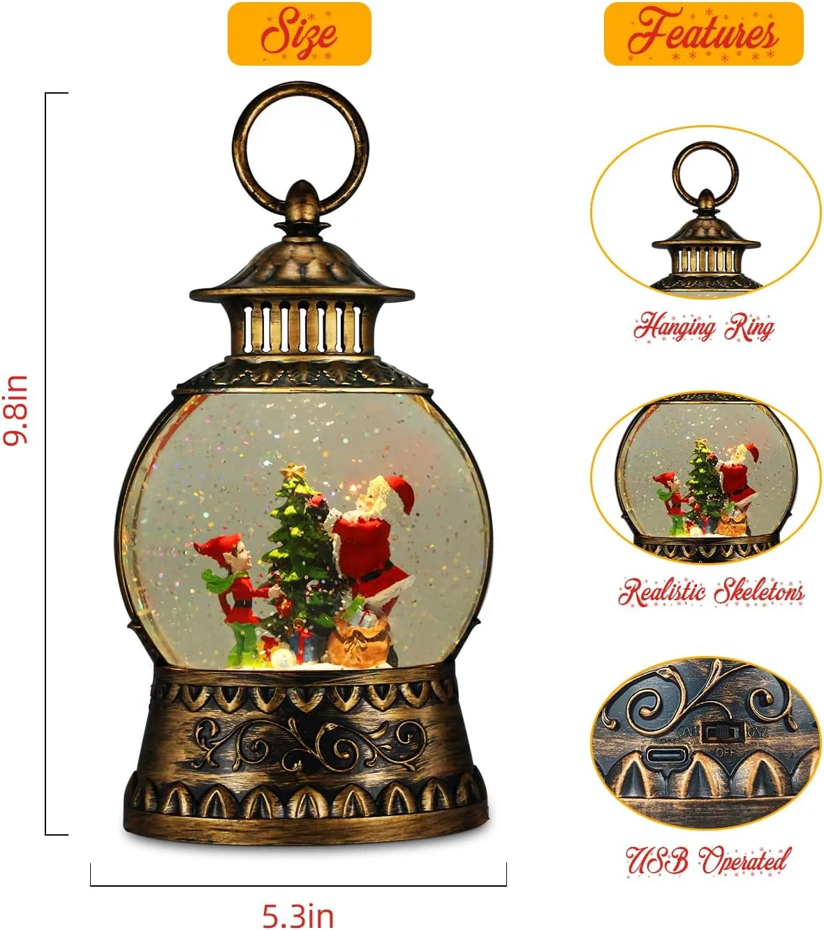 Christmas Santa Snow Globe, Christmas Musical Snow Globe Lantern Lights with 6H Timer Battery & USB Powered, Retro Style Holiday Glitter Globe for Xmas Home Decoration Holiday Party Gifts