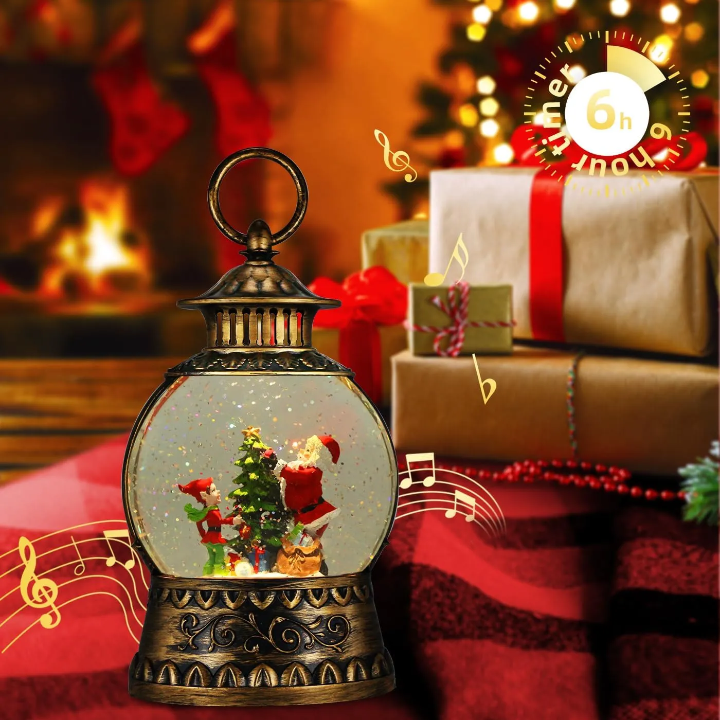 Christmas Santa Snow Globe, Christmas Musical Snow Globe Lantern Lights with 6H Timer Battery & USB Powered, Retro Style Holiday Glitter Globe for Xmas Home Decoration Holiday Party Gifts