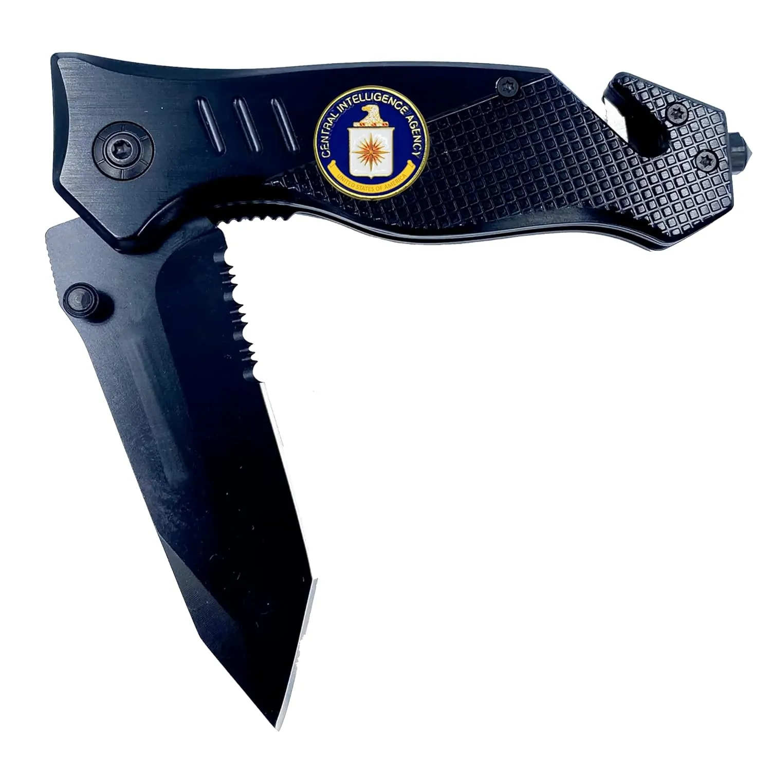 CIA Central Intelligence Agency 3-in-1 Tactical Rescue Knife Tool with Seatbelt Cutter, Steel Serrated Blade, Glass