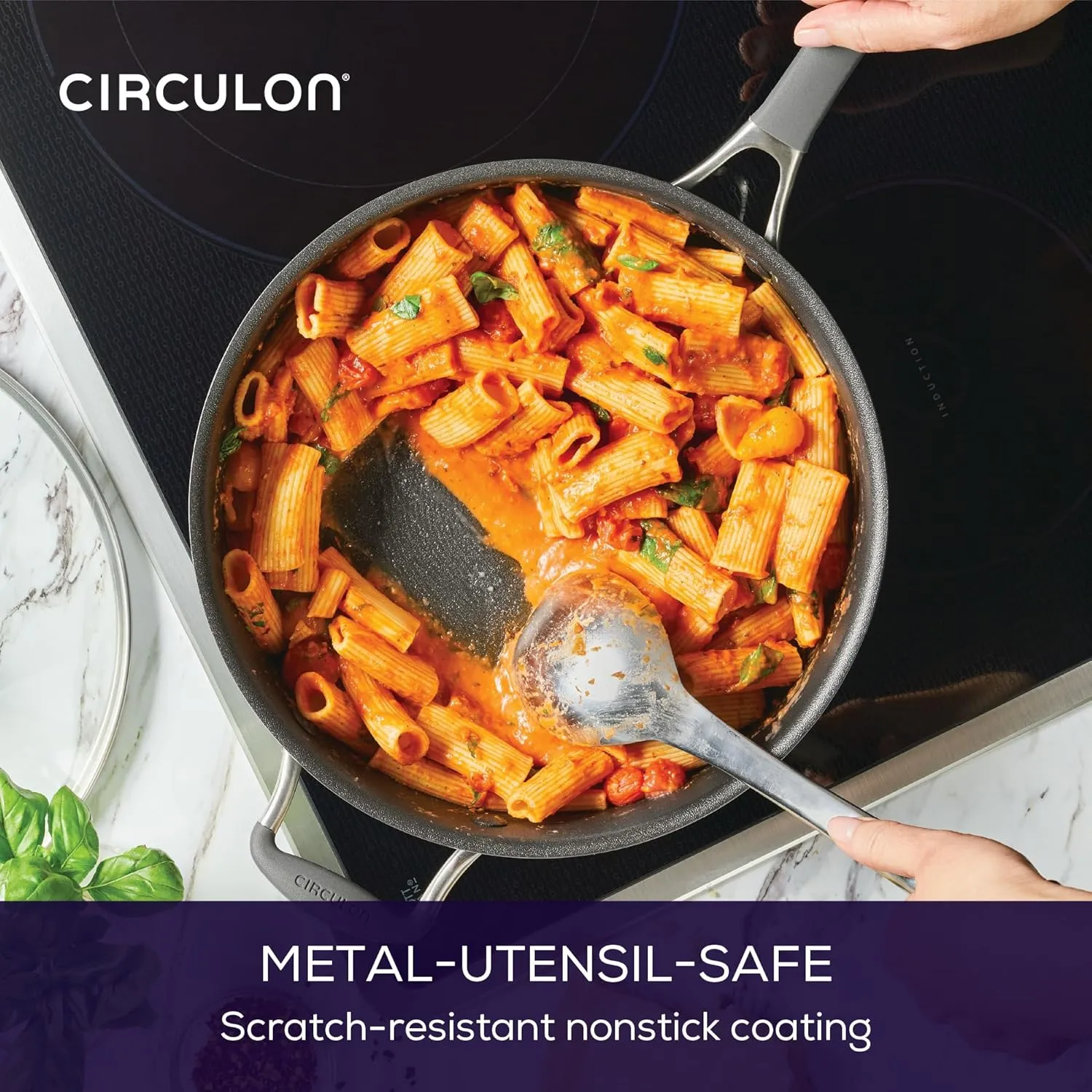 Circulon Scratch Defense Chefs Pan with Lid 26cm - Induction Chefs Pan with Extreme Non Stick & Glass Lid, Dishwasher & Oven Safe Cookware, Graphite Pewter Finish