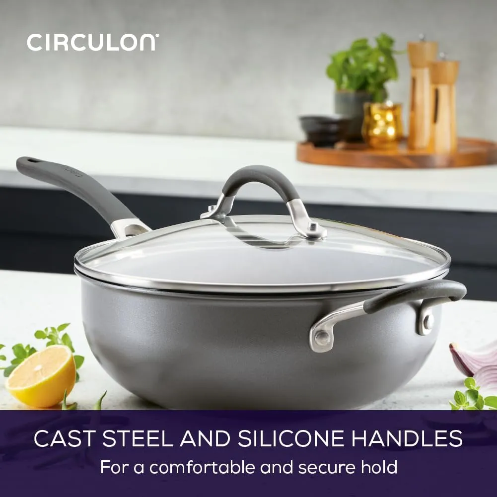 Circulon Scratch Defense Chefs Pan with Lid 26cm - Induction Chefs Pan with Extreme Non Stick & Glass Lid, Dishwasher & Oven Safe Cookware, Graphite Pewter Finish