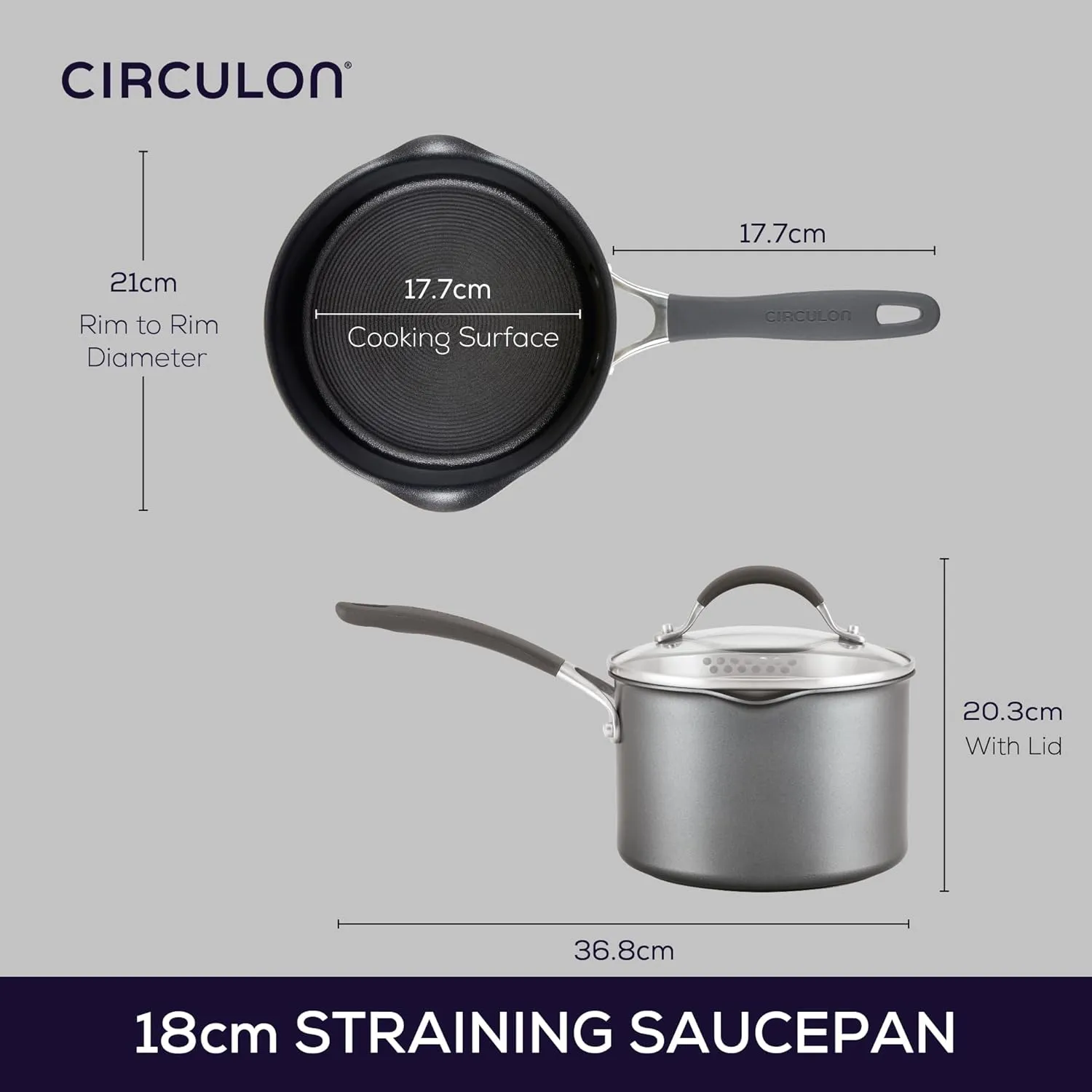 Circulon Scratch Defense Non Stick Saucepan with Lid 18cm - 2.8L Induction Saucepan with Straining Lid & Pouring Rims, Dishwasher & Oven Safe Cookware, Graphite Pewter Finish