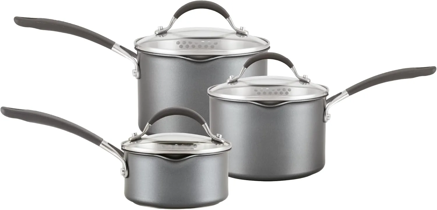 Circulon Scratch Defense Saucepan Set - Induction Saucepan Set Non Stick with Lids, 14cm, 16cm & 18cm Dishwasher & Oven Safe Cookware with Straining Lids & Pourings Rims, Graphite Pewter Finish