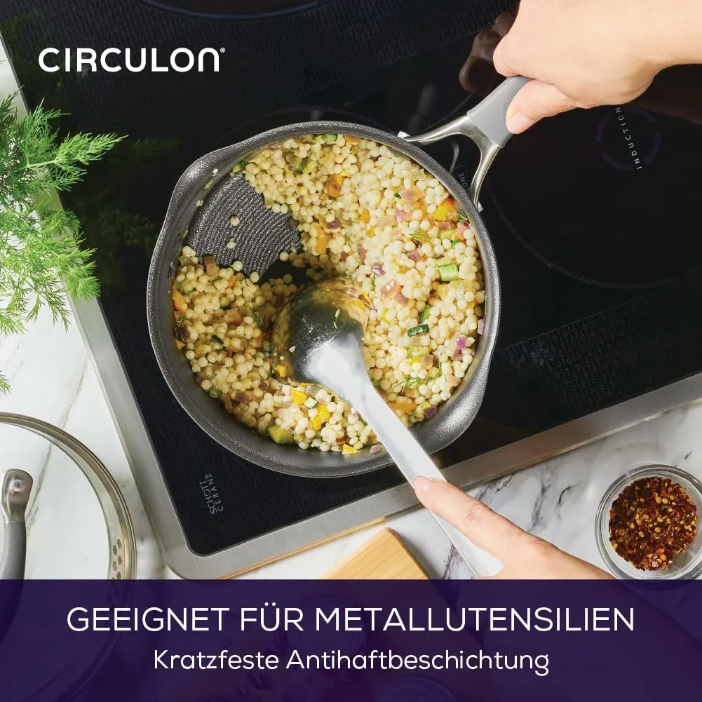Circulon Scratch Defense Saucepan Set - Induction Saucepan Set Non Stick with Lids, 14cm, 16cm & 18cm Dishwasher & Oven Safe Cookware with Straining Lids & Pourings Rims, Graphite Pewter Finish