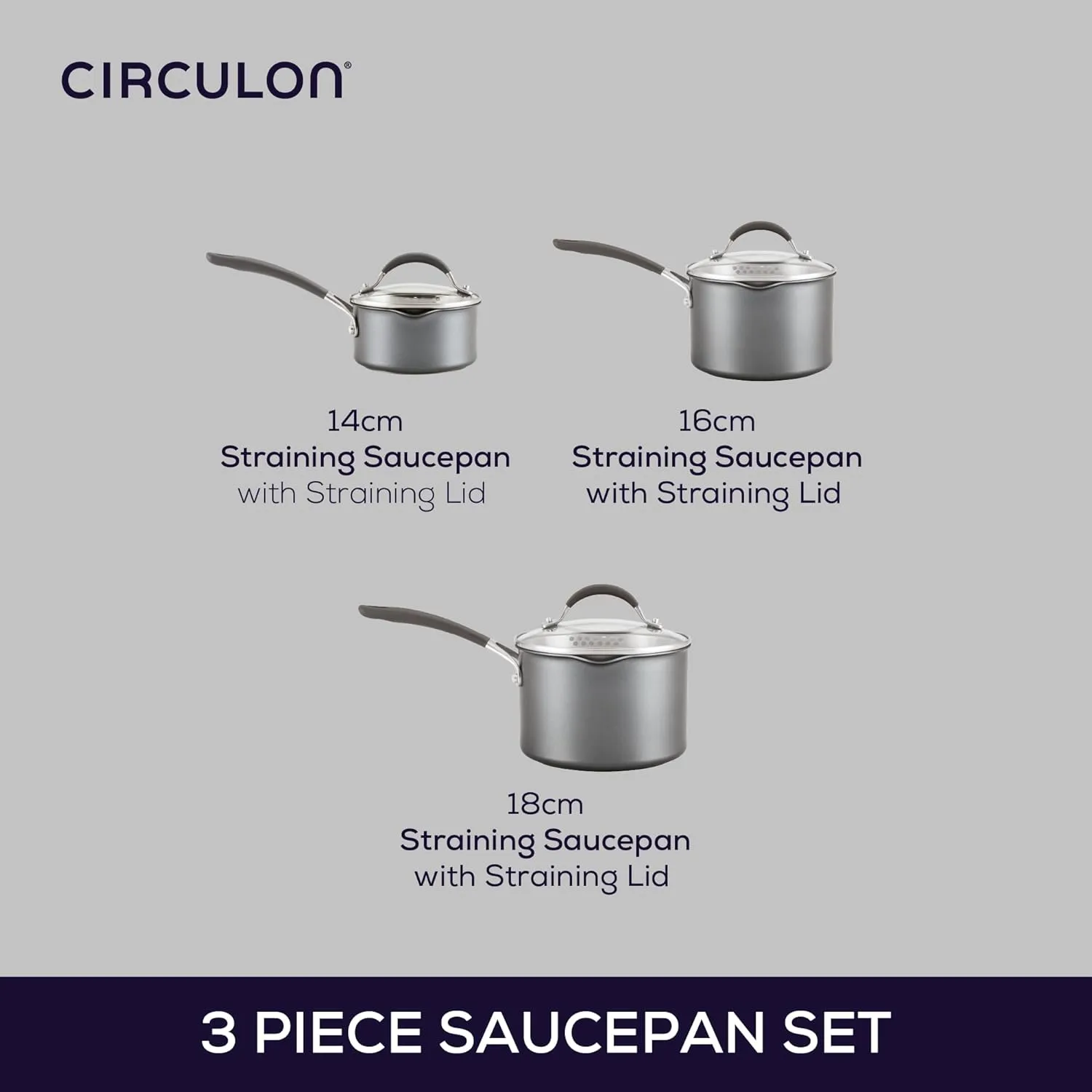 Circulon Scratch Defense Saucepan Set - Induction Saucepan Set Non Stick with Lids, 14cm, 16cm & 18cm Dishwasher & Oven Safe Cookware with Straining Lids & Pourings Rims, Graphite Pewter Finish
