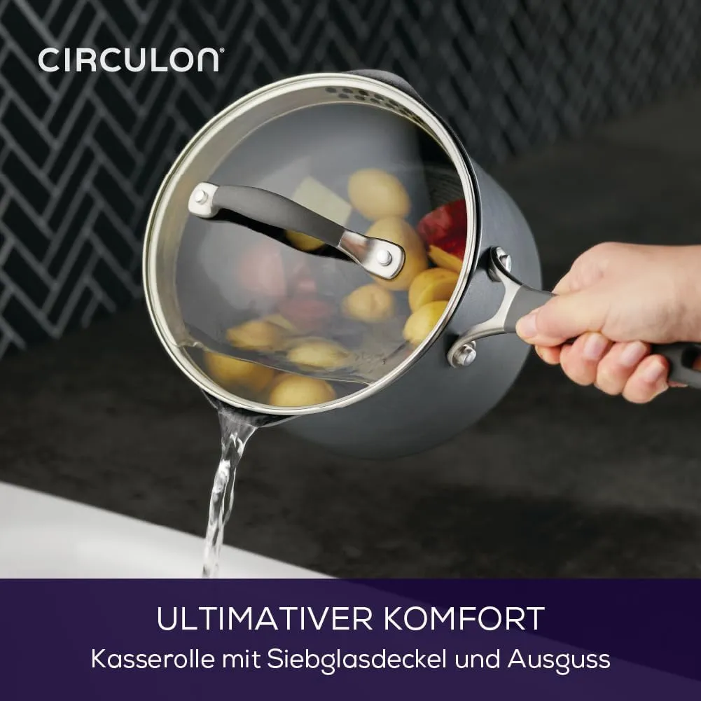 Circulon Scratch Defense Saucepan Set - Induction Saucepan Set Non Stick with Lids, 14cm, 16cm & 18cm Dishwasher & Oven Safe Cookware with Straining Lids & Pourings Rims, Graphite Pewter Finish