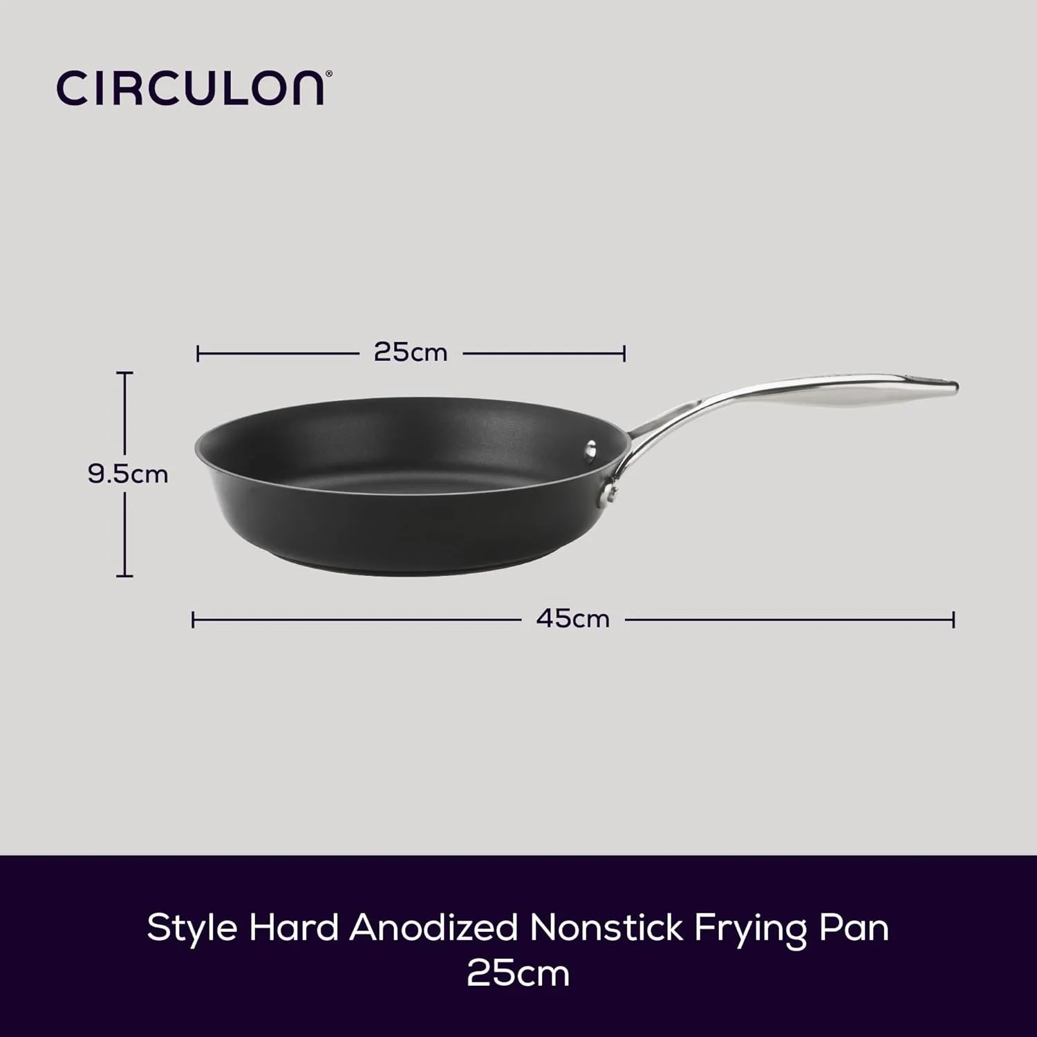 Circulon Style Non Stick Frying Pan 25cm - Induction Frying Pan with Stainless Steel Handle, Dishwasher Safe Cookware with Triple Layer Non Stick Coating, Black