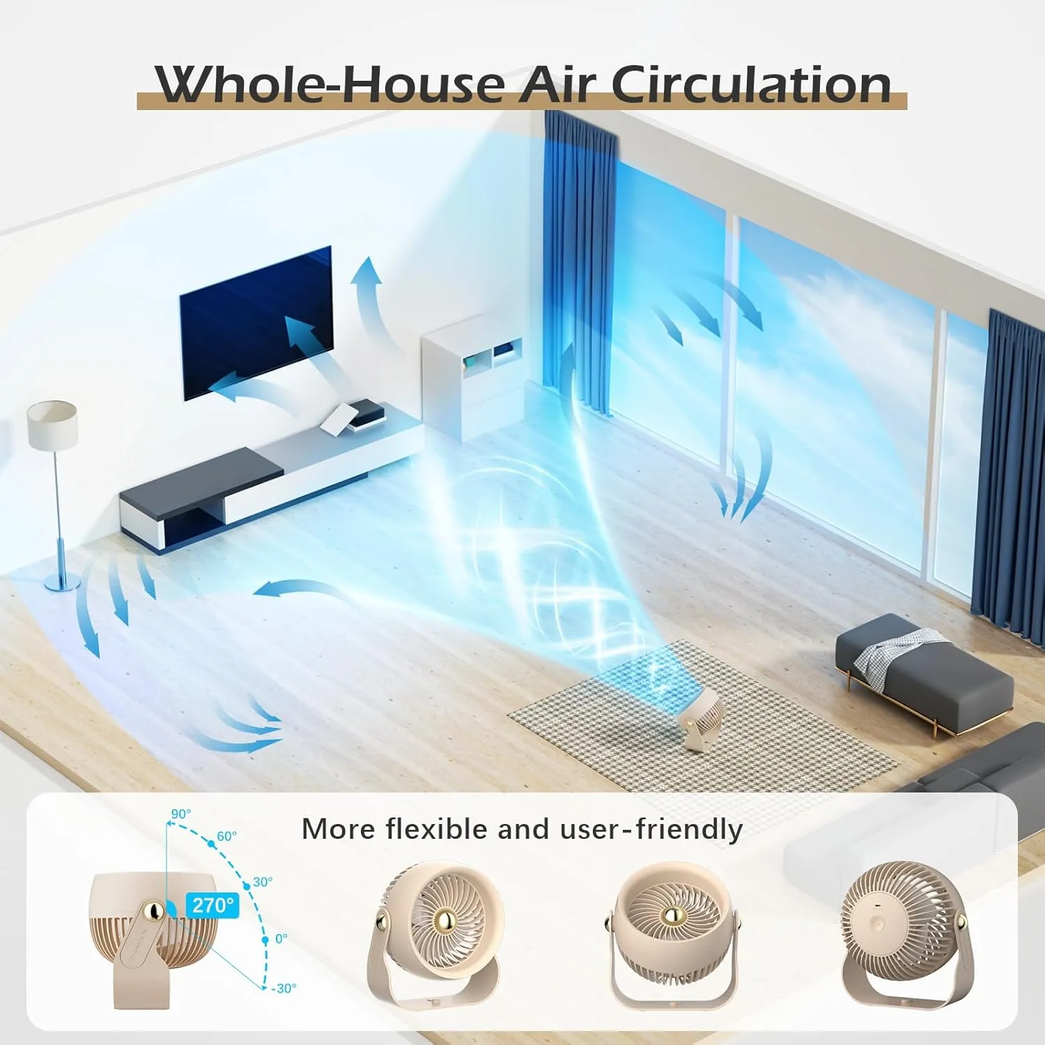 CIVPOWER Desk Fan: Table Fan Small Portable Rechargeable with 6000 mAh Battery - 4 Speed and Timing - Quiet Desktop 8 Inch Fan for Bedroom Room Dorm Office Air Circulation 270°Adjustable