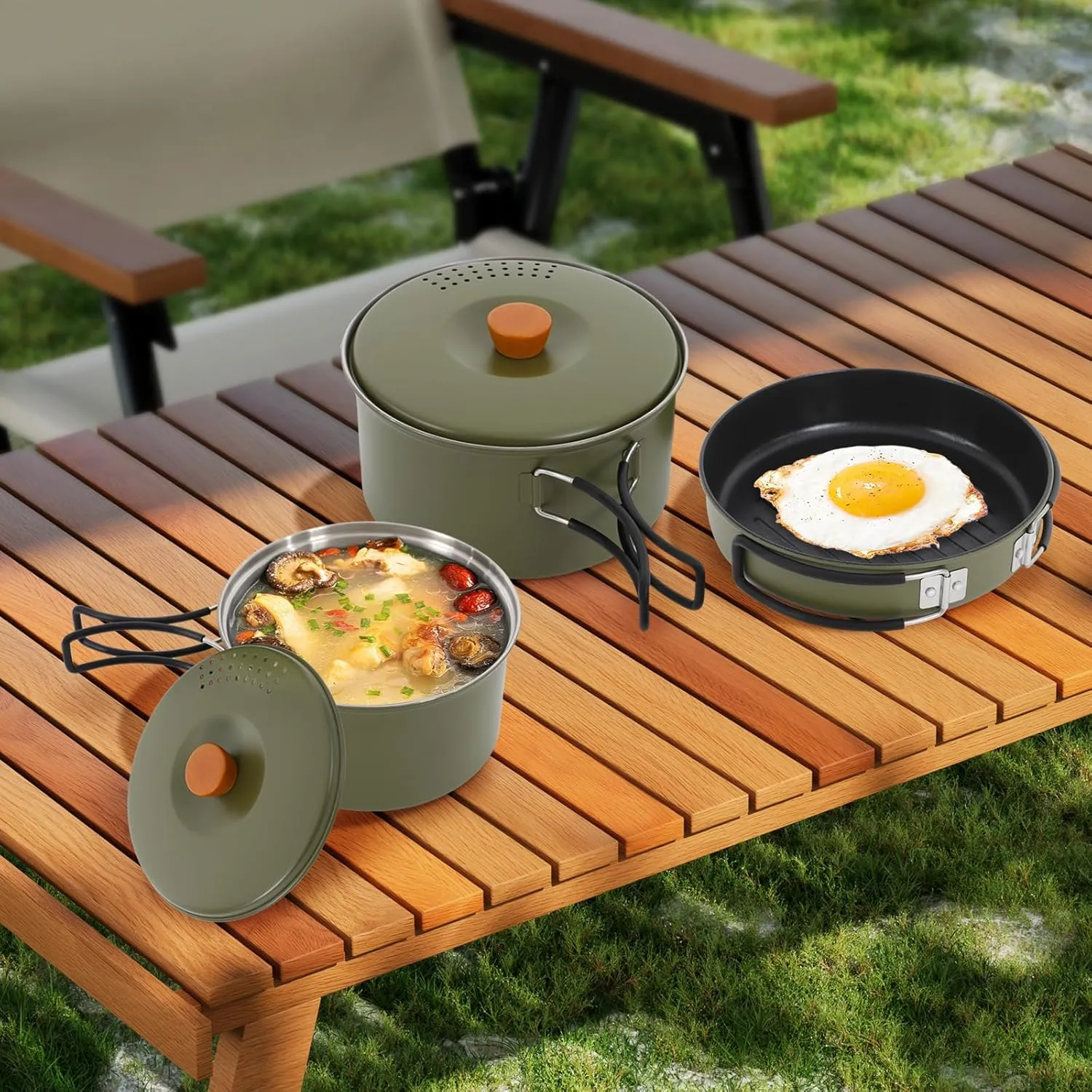 CNCEST Camping Cookware Set, Camping Cooking Set Fry Pan 2L Large Pot 1.4L Small Pot Set 304, Portable Camping Cooking Pot with Storage Bag for Camping, Backpacking, Outdoor Cooking Picnic