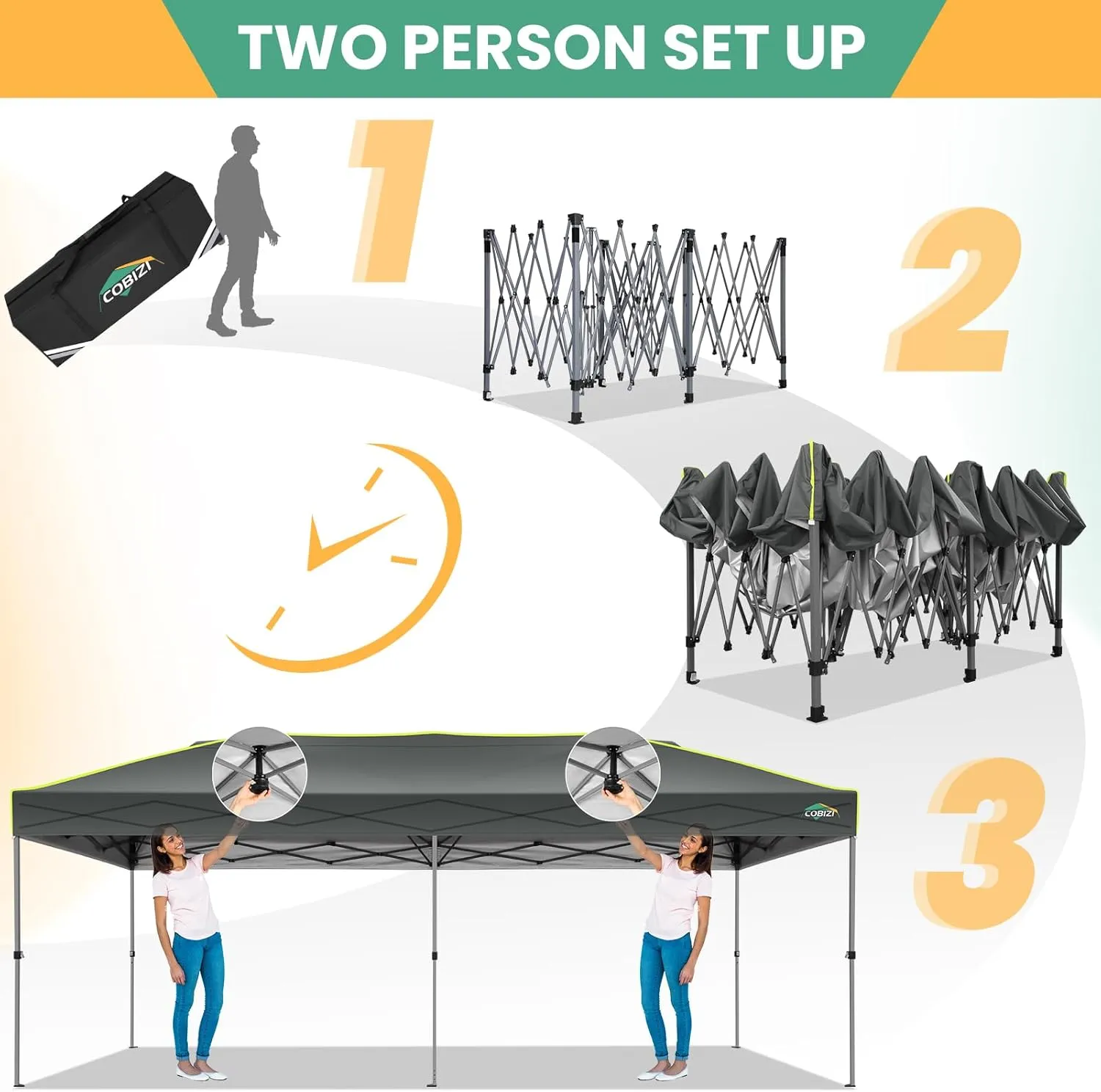 COBIZI 10x20 Pop Up Canopy Tent, Outdoor Party Tent with 6 Sidewall One Push Setup Glow, 3 Adjustable Height Air Vent Waterproof UPF50 , Bag, 4 Sandbag, 6 Stake, 12 Rope for Beach, Commercial