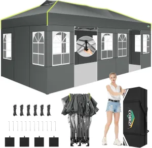 COBIZI 10x20 Pop Up Canopy Tent, Outdoor Party Tent with 6 Sidewall One Push Setup Glow, 3 Adjustable Height Air Vent Waterproof UPF50 , Bag, 4 Sandbag, 6 Stake, 12 Rope for Beach, Commercial