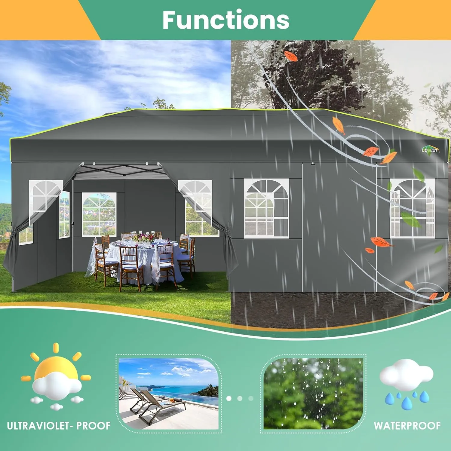 COBIZI 10x20 Pop Up Canopy Tent, Outdoor Party Tent with 6 Sidewall One Push Setup Glow, 3 Adjustable Height Air Vent Waterproof UPF50 , Bag, 4 Sandbag, 6 Stake, 12 Rope for Beach, Commercial