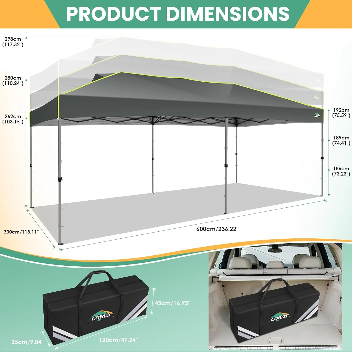COBIZI 10x20 Pop Up Canopy Tent, Outdoor Party Tent with 6 Sidewall One Push Setup Glow, 3 Adjustable Height Air Vent Waterproof UPF50 , Bag, 4 Sandbag, 6 Stake, 12 Rope for Beach, Commercial
