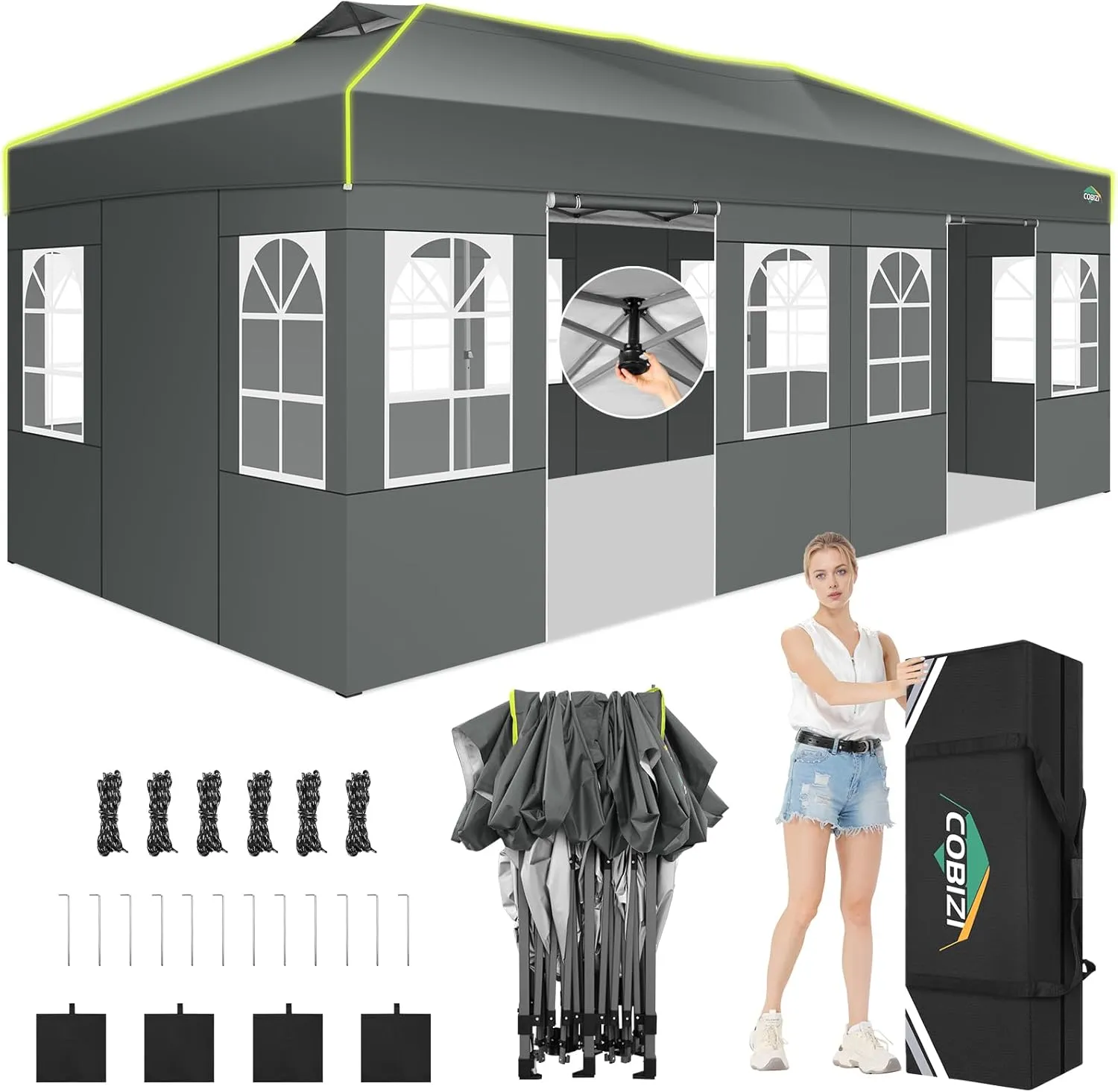 COBIZI 10x20 Pop Up Canopy Tent, Outdoor Party Tent with 6 Sidewall One Push Setup Glow, 3 Adjustable Height Air Vent Waterproof UPF50 , Bag, 4 Sandbag, 6 Stake, 12 Rope for Beach, Commercial